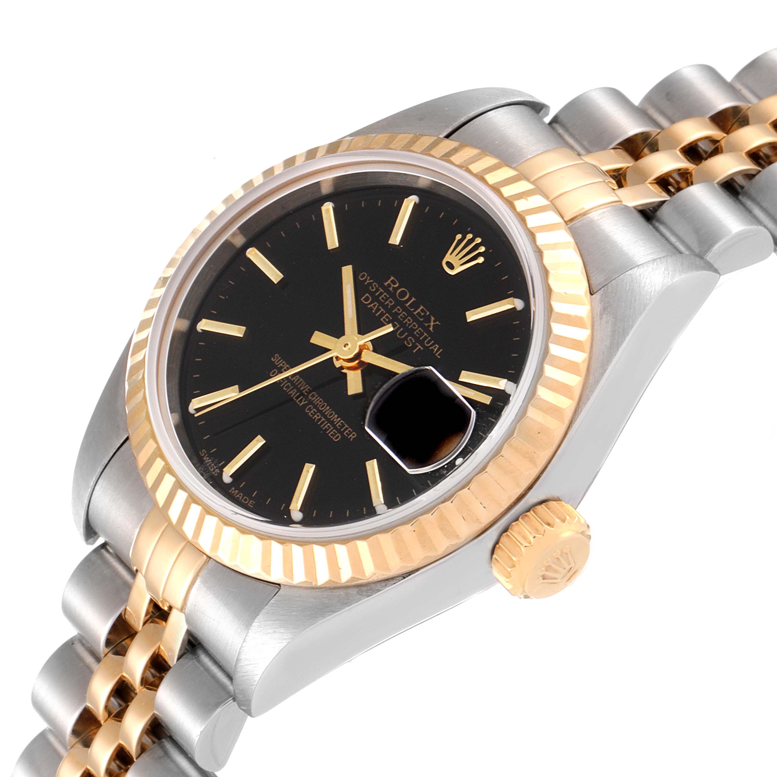 This Rolex Datejust 79173 Women's Steel and Gold (two tone) Black Dial 79173 Women's Steel and Gold (two tone) Black Dial watch is shown from a tilted angle displaying the face, crown, and part of the bracelet.