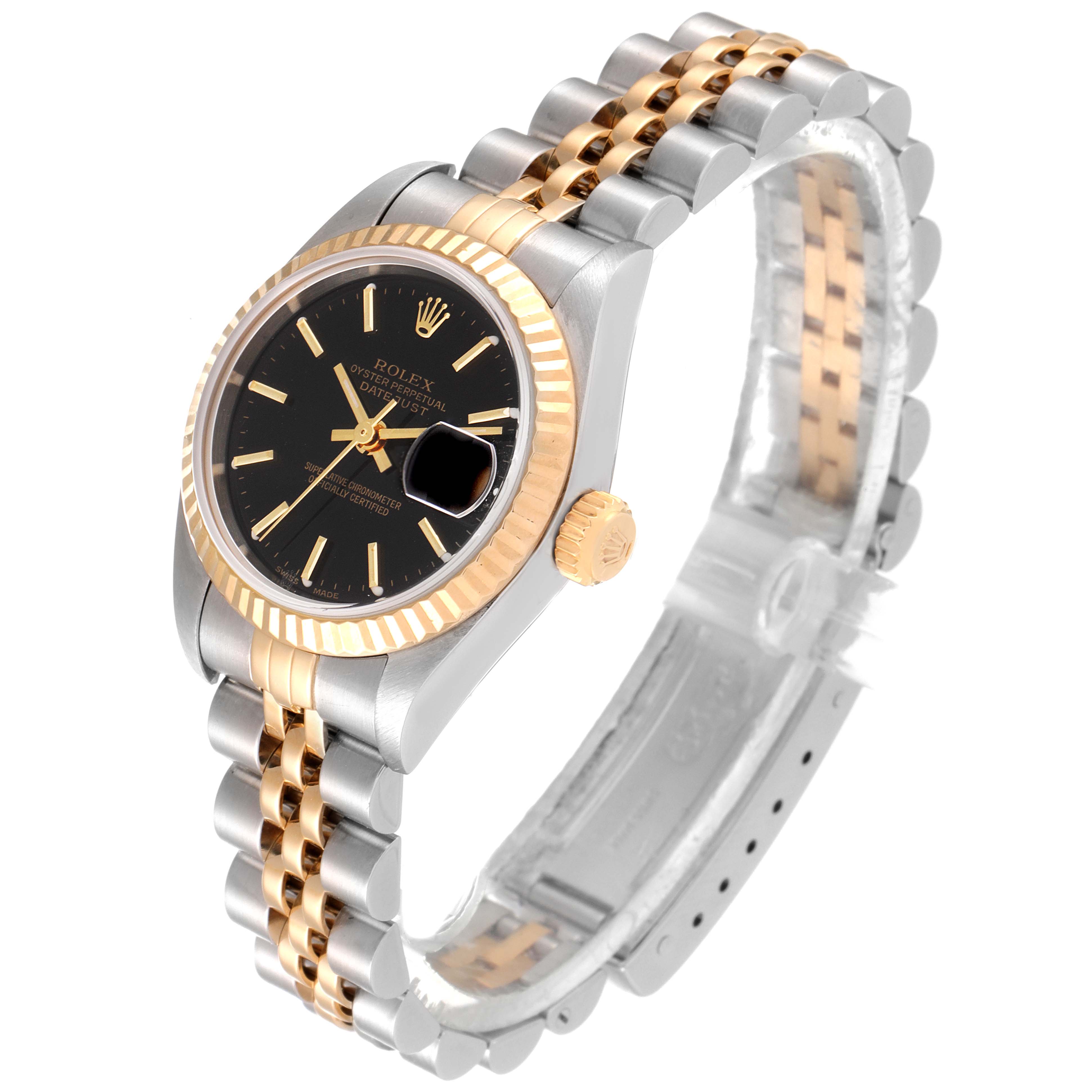 The image shows a Rolex Datejust 79173 Women's Steel and Gold (two tone) Black Dial 79173 Women's Steel and Gold (two tone) Black Dial watch from an angled side view, highlighting its black dial, two-tone bracelet, and fluted bezel.