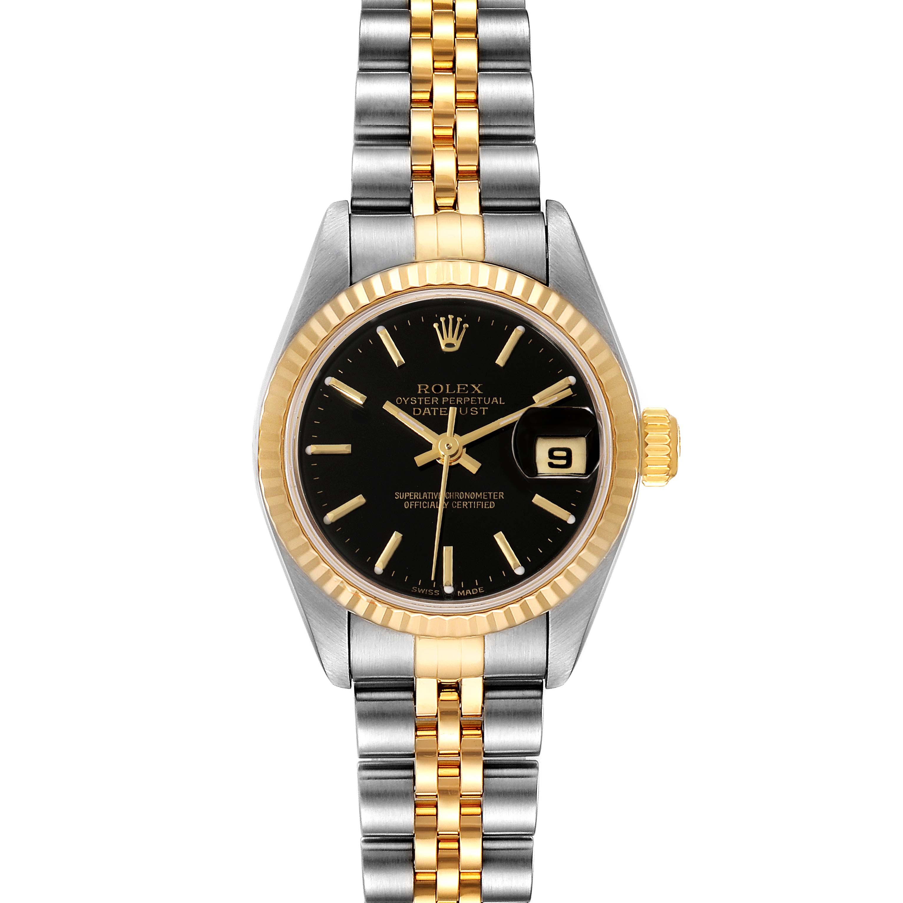The Rolex Datejust 79173 Women's Steel and Gold (two tone) Black Dial 79173 Women's Steel and Gold (two tone) Black Dial model is shown from the front, displaying its black dial, date window, and two-tone bracelet.
