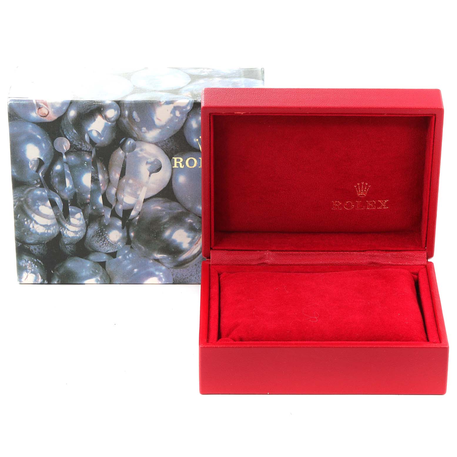 This image shows a Rolex Datejust 79173 Women's Steel and Gold (two tone) Black Dial 79173 Women's Steel and Gold (two tone) Black Dial watch box and outer packaging at a front angle, with the inner red velvet box open and empty.