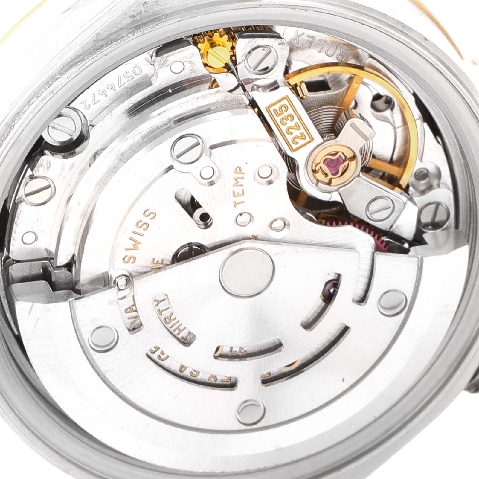 This image shows the movement mechanism of a Rolex Datejust 79173 Women's Steel and Gold (two tone) Black Dial 79173 Women's Steel and Gold (two tone) Black Dial watch from a top-down angle.