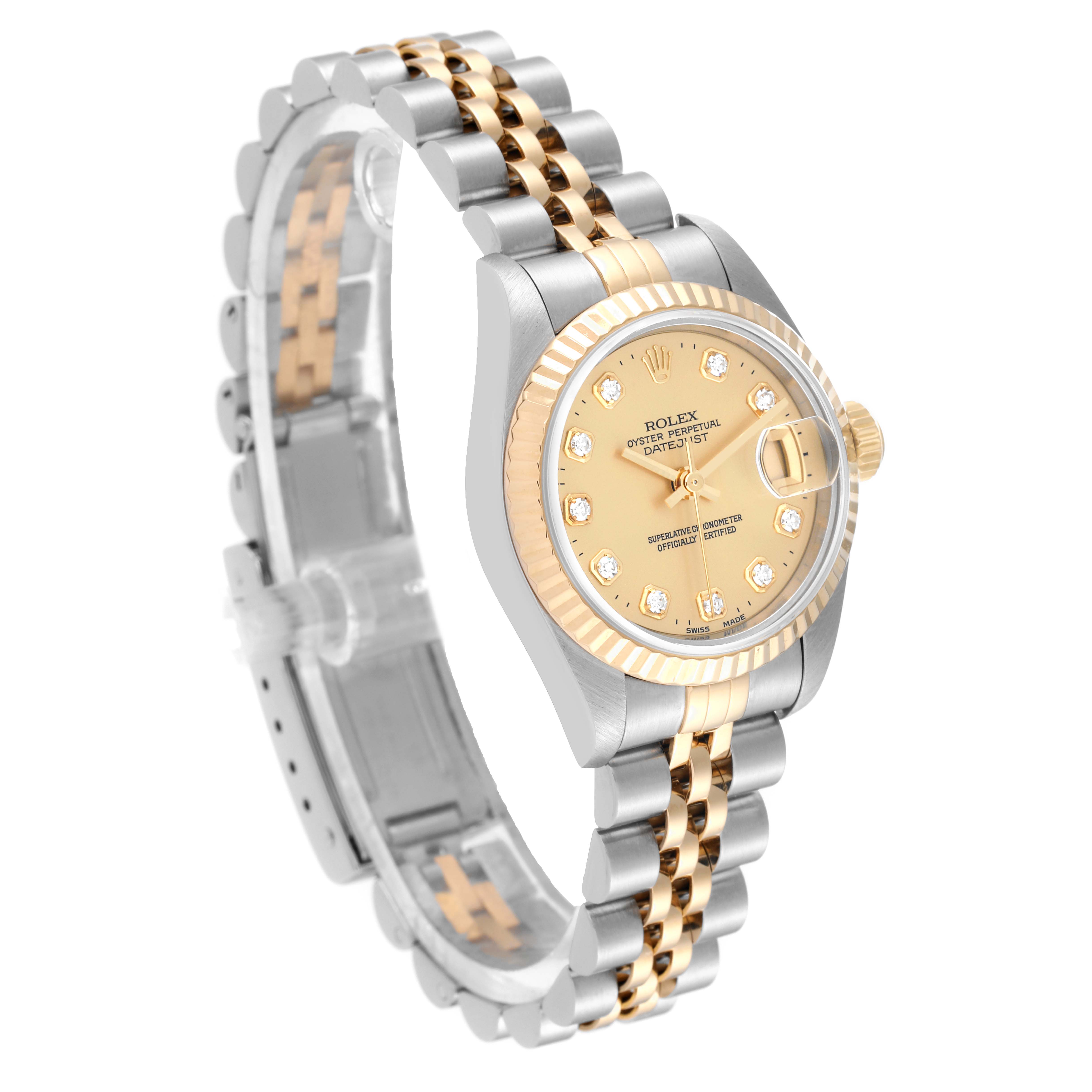 This image shows a side and angled view of a Rolex Datejust 69173 Women's Steel and Gold (two tone) Champagne Dial 69173 Women's Steel and Gold (two tone) Champagne Dial watch, highlighting the bezel, dial, and two-tone metal bracelet.