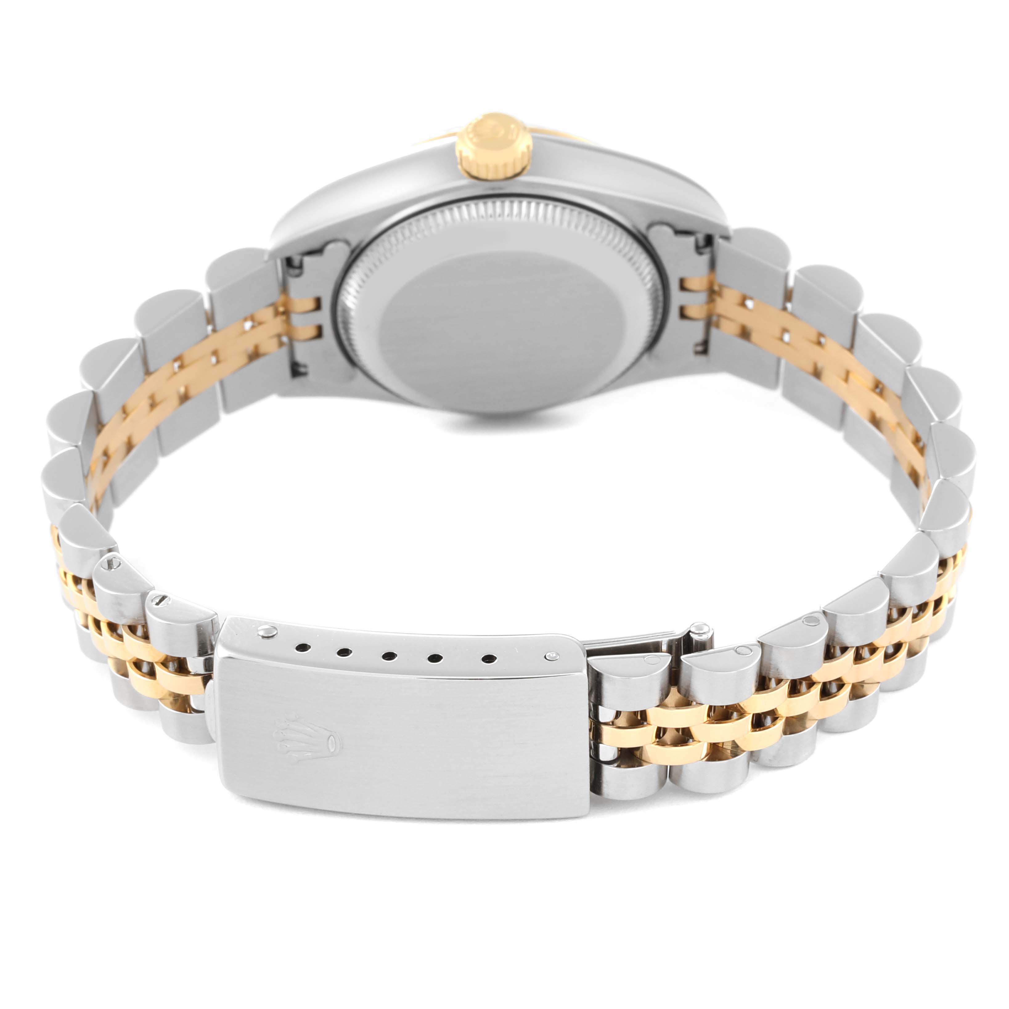 The image shows the backside of a Rolex Datejust 69173 Women's Steel and Gold (two tone) Champagne Dial 69173 Women's Steel and Gold (two tone) Champagne Dial watch, focusing on the clasp and bracelet.