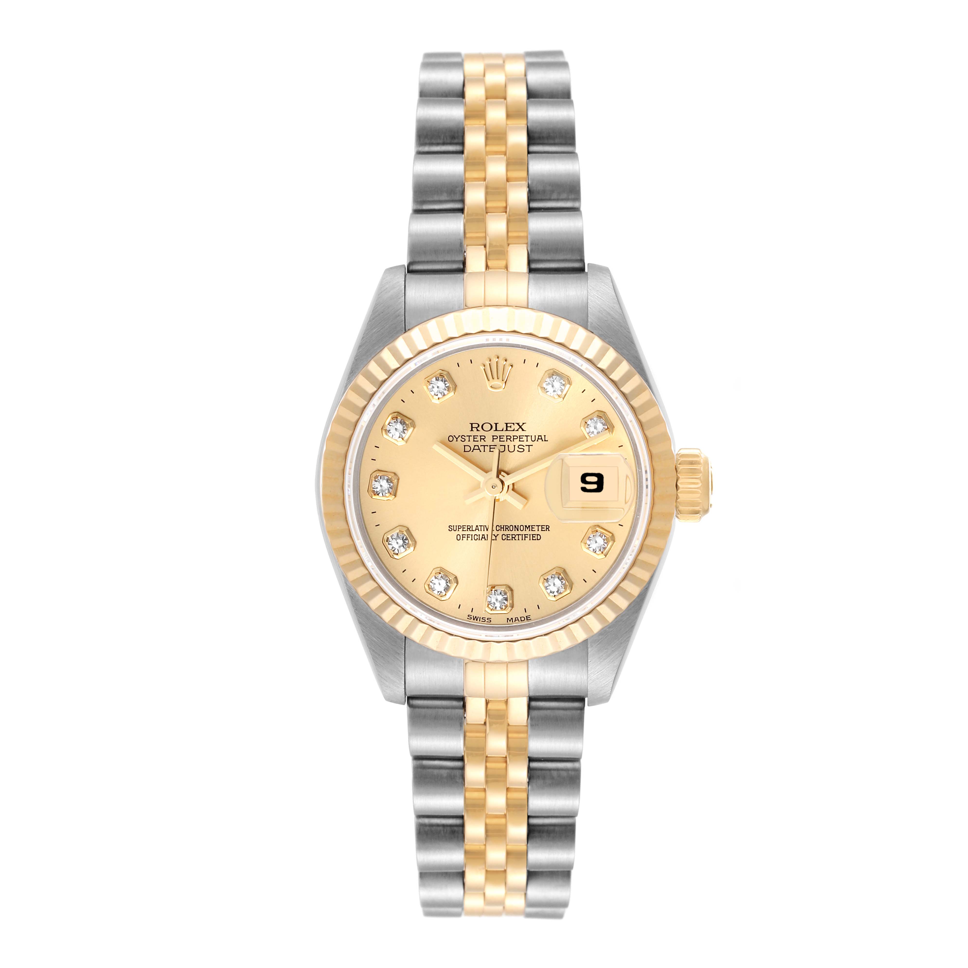 The Rolex Datejust 69173 Women's Steel and Gold (two tone) Champagne Dial 69173 Women's Steel and Gold (two tone) Champagne Dial watch is shown from a front angle displaying the dial, bezel, and bracelet.