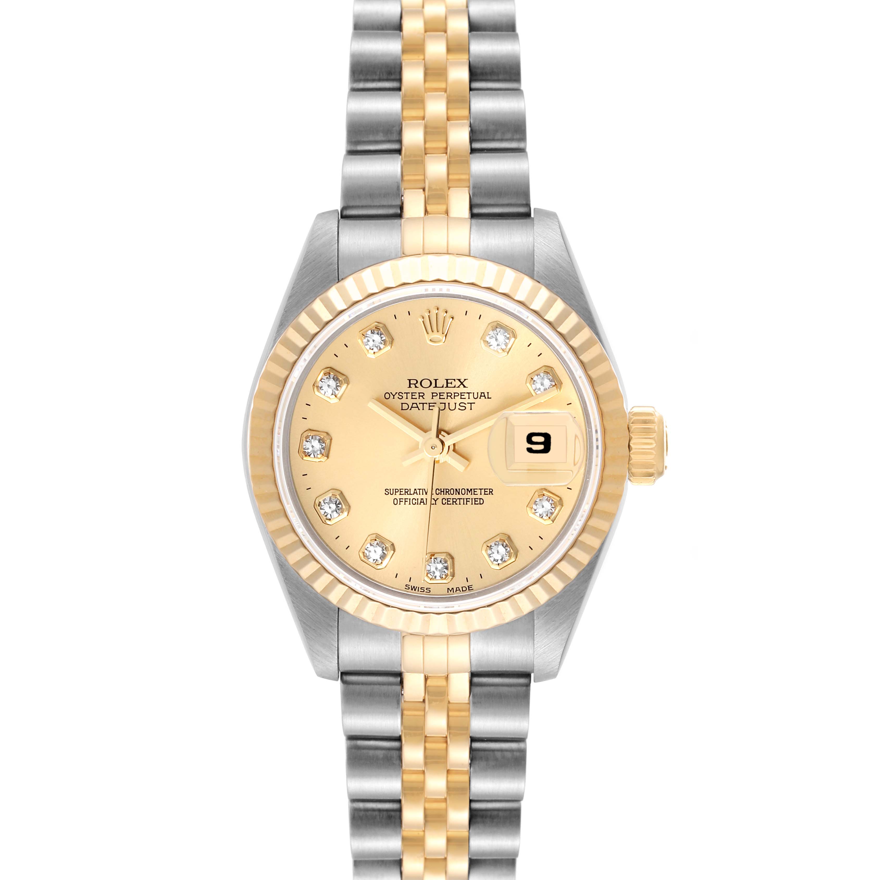 The Rolex Datejust 69173 Women's Steel and Gold (two tone) Champagne Dial 69173 Women's Steel and Gold (two tone) Champagne Dial watch is shown from a top-down angle, displaying its dial, bezel, and two-tone bracelet.