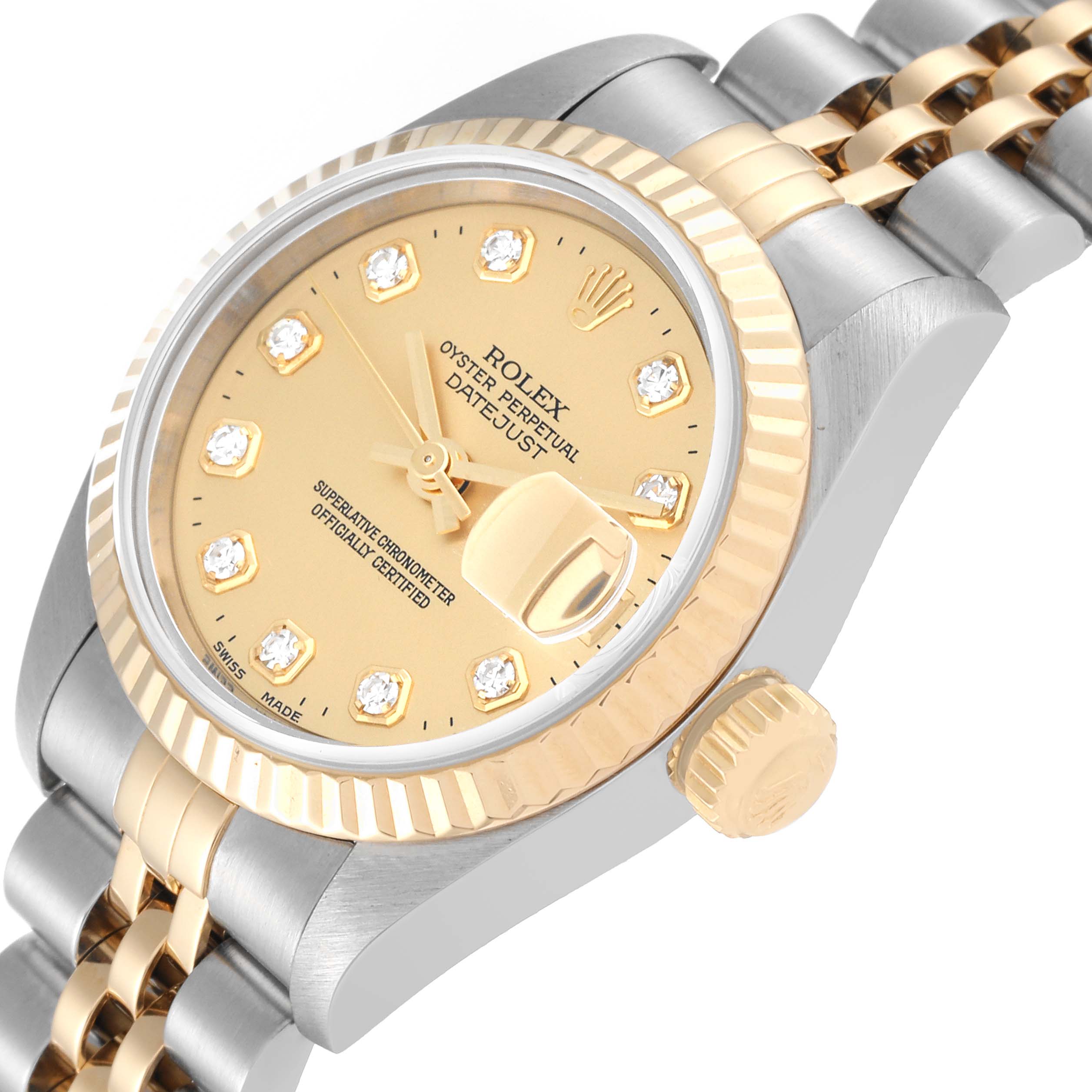 The image shows a close-up angle of the Rolex Datejust 69173 Women's Steel and Gold (two tone) Champagne Dial 69173 Women's Steel and Gold (two tone) Champagne Dial model, displaying the dial, bezel, and part of the bracelet.