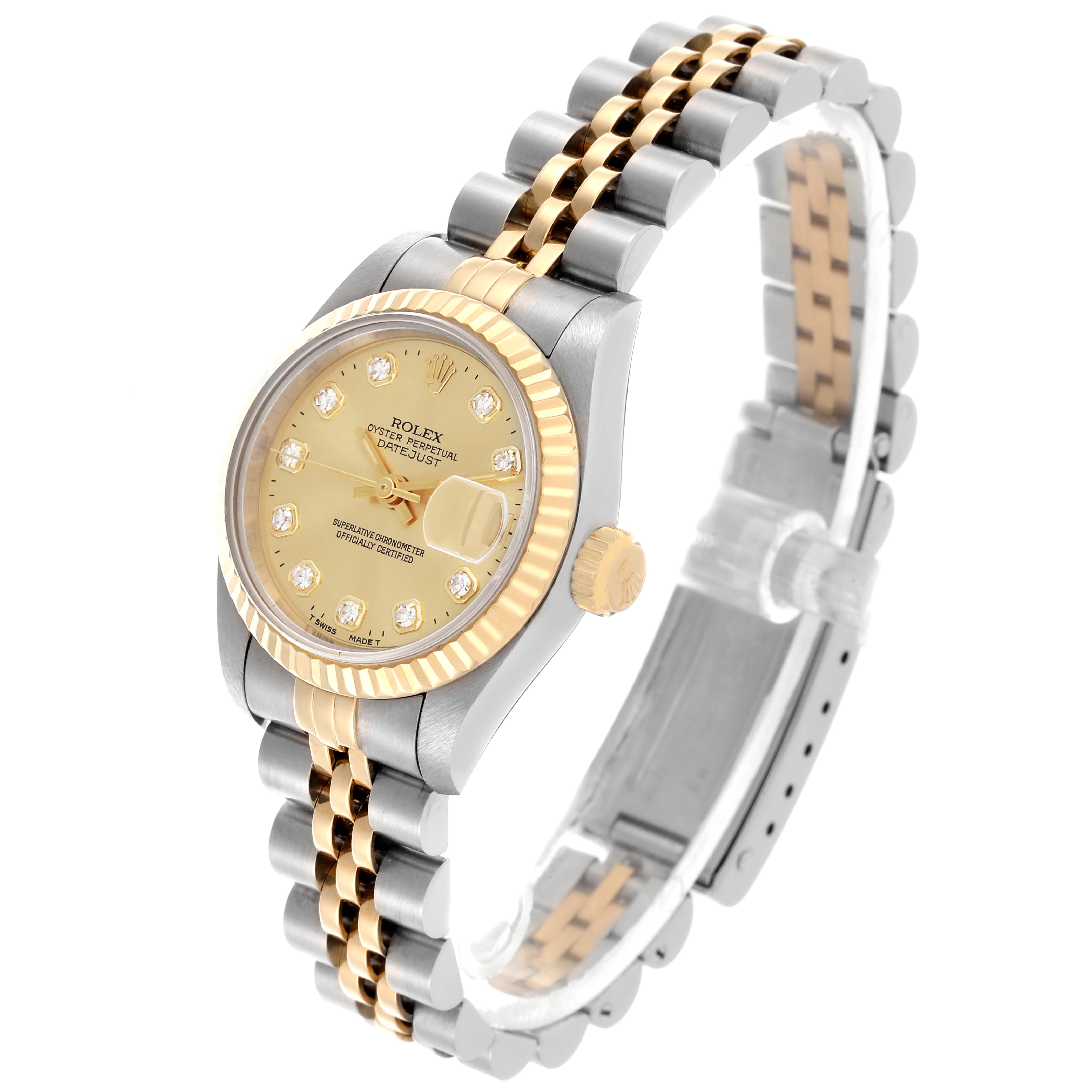 The Rolex Datejust 69173 Women's Steel and Gold (two tone) Champagne Dial 69173 Women's Steel and Gold (two tone) Champagne Dial watch is shown in a three-quarter view, highlighting the gold and silver bracelet and fluted bezel.