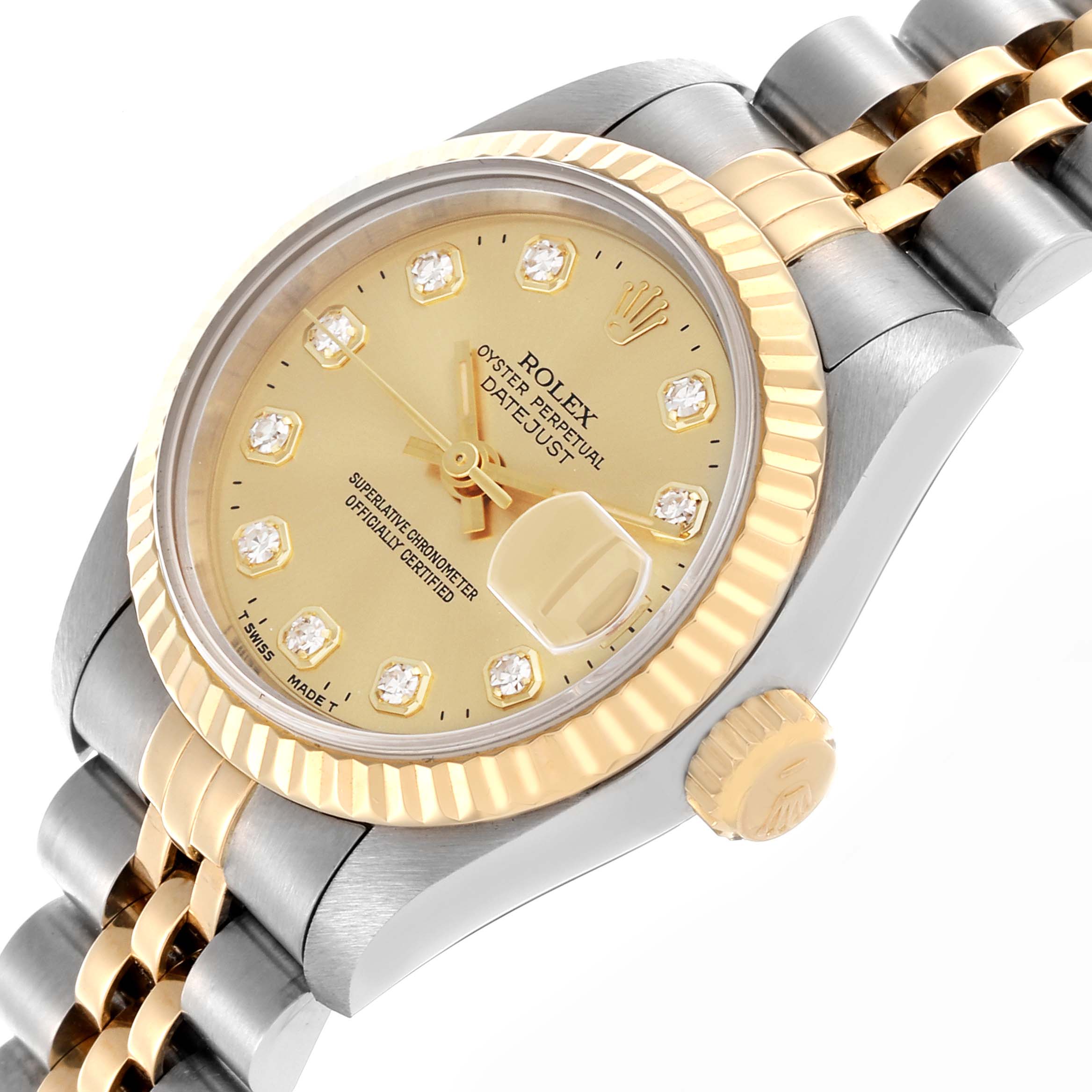 The Rolex Datejust 69173 Women's Steel and Gold (two tone) Champagne Dial 69173 Women's Steel and Gold (two tone) Champagne Dial is shown at an angled view, highlighting the face, crown, bezel, and part of the bracelet.