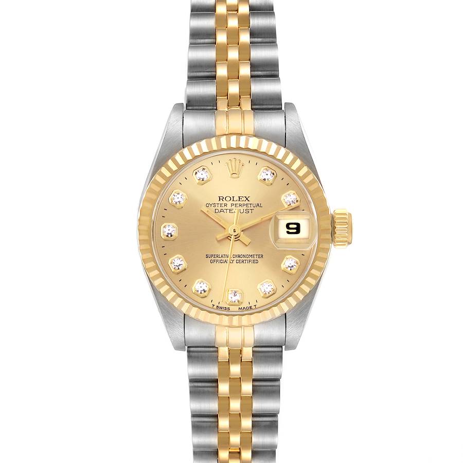 The Rolex Datejust watch is shown from a top-down angle, displaying the face, bezel, and two-tone bracelet.