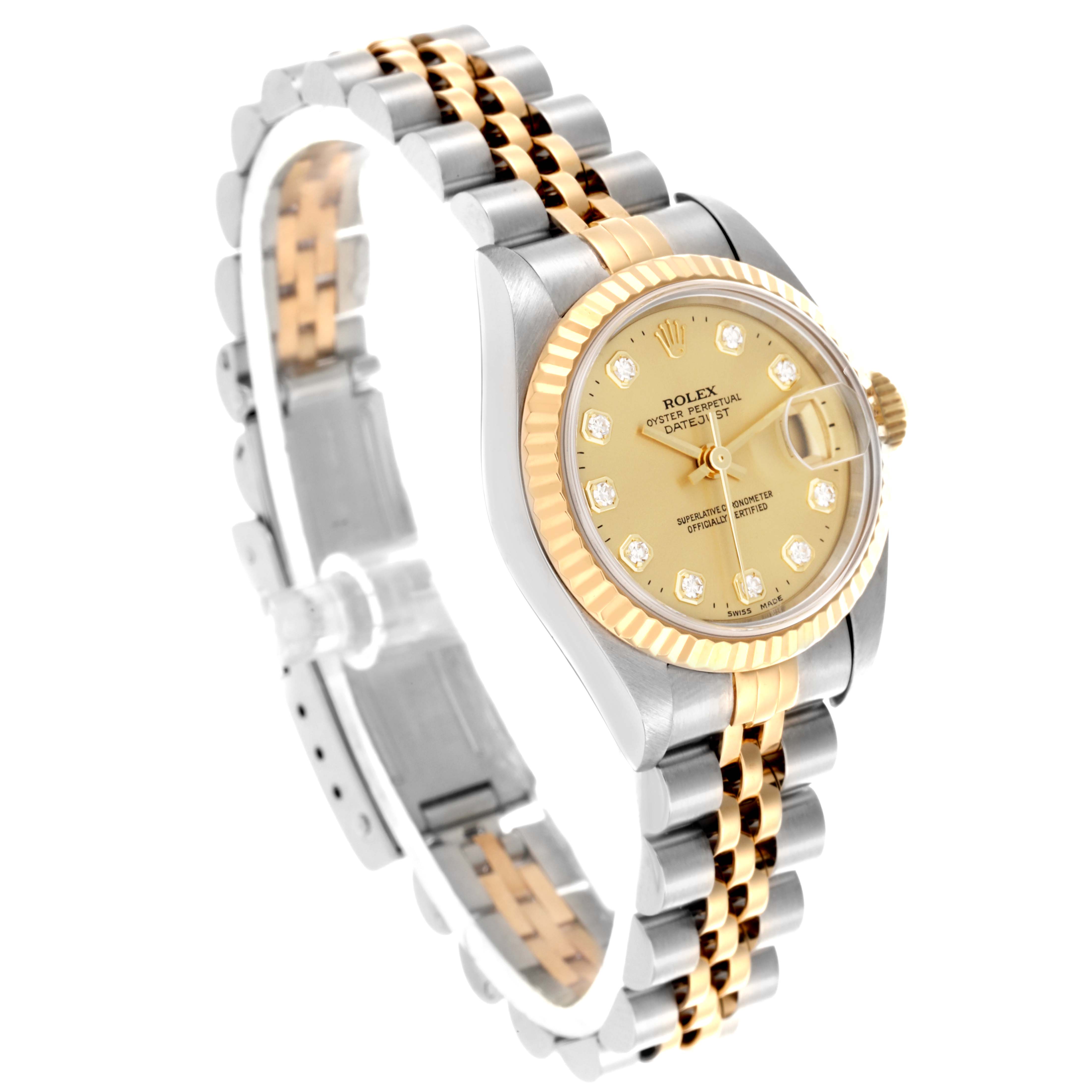 The Rolex Datejust 79173 Women's Steel and Gold (two tone) Champagne Dial 79173 Women's Steel and Gold (two tone) Champagne Dial watch is shown at a slight diagonal angle, highlighting its face, bezel, and two-tone bracelet.