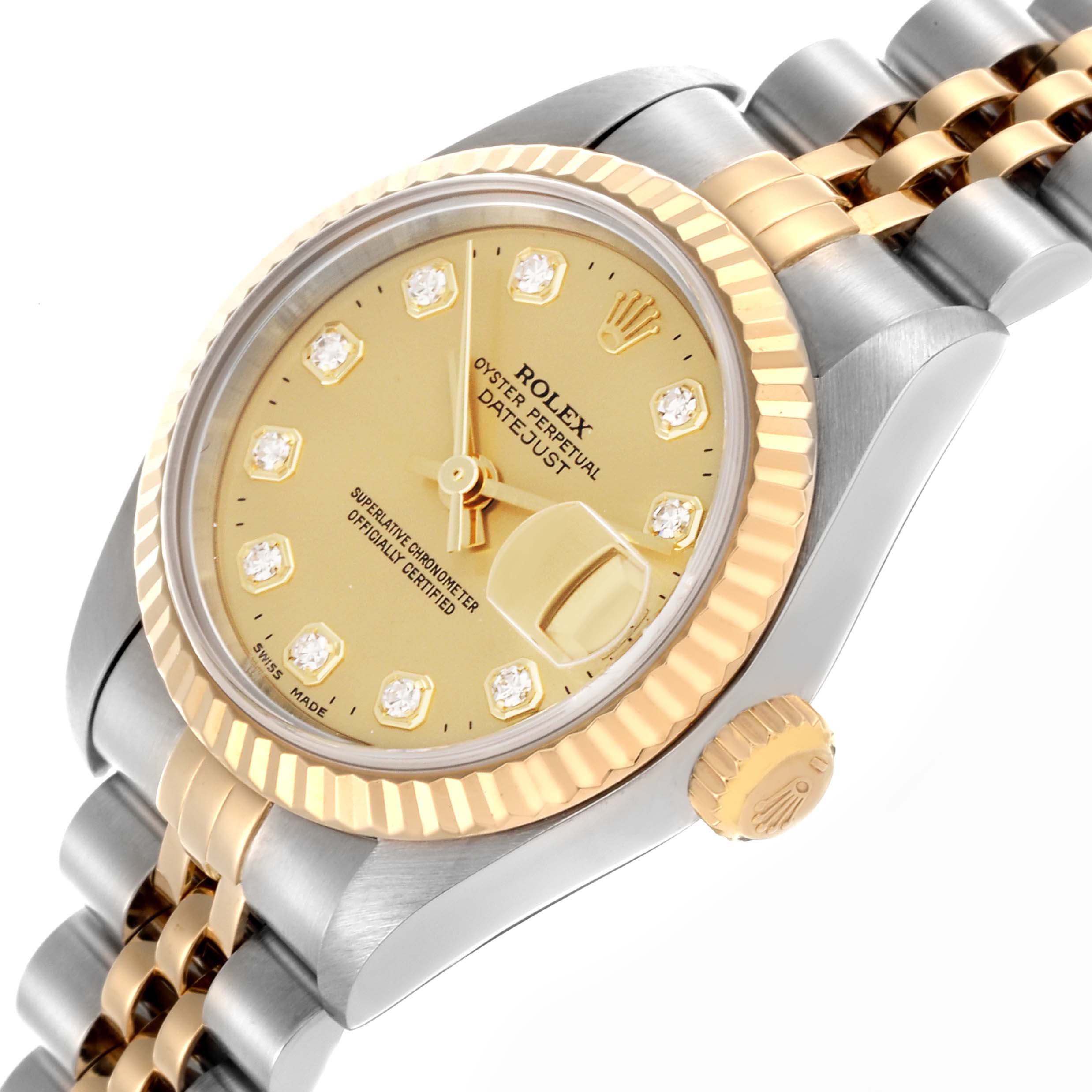 The Rolex Datejust 79173 Women's Steel and Gold (two tone) Champagne Dial 79173 Women's Steel and Gold (two tone) Champagne Dial watch is shown at an angle highlighting the case, bracelet, bezel, crown, and dial.