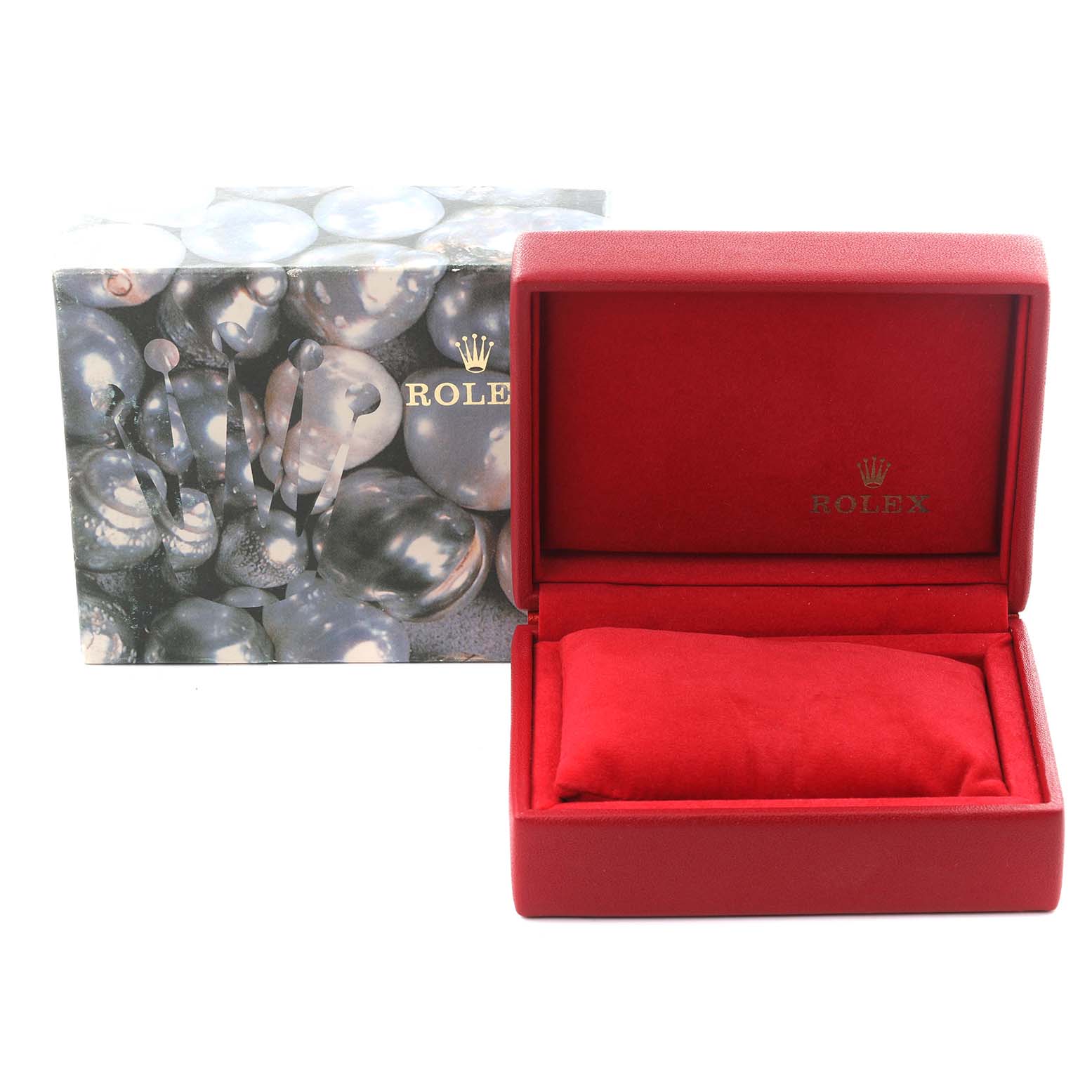 The image shows the open red Rolex Datejust 79173 Women's Steel and Gold (two tone) Champagne Dial 79173 Women's Steel and Gold (two tone) Champagne Dial watch box with a cushion and a decorative outer box.