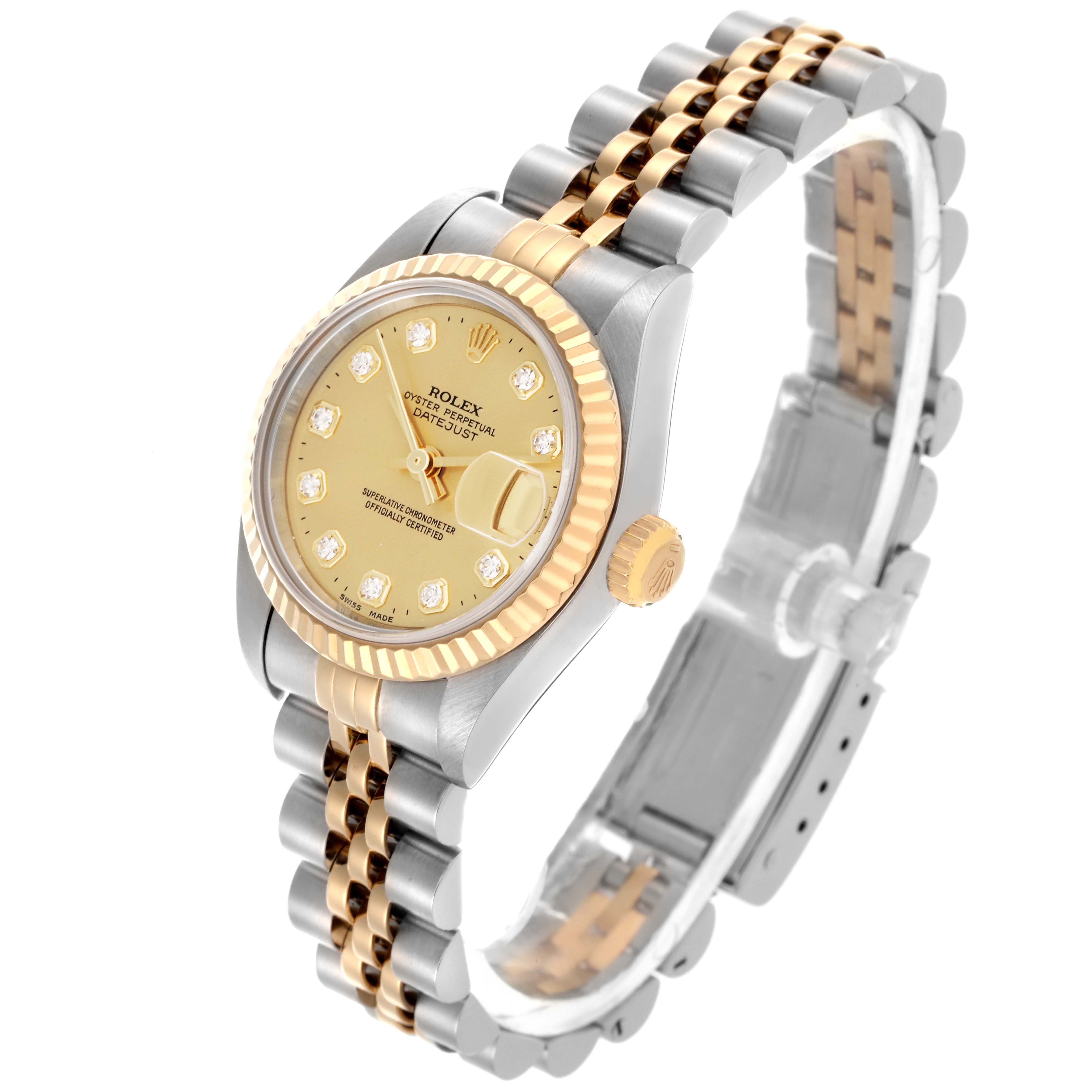 The Rolex Datejust 79173 Women's Steel and Gold (two tone) Champagne Dial 79173 Women's Steel and Gold (two tone) Champagne Dial watch is shown from a side angle, displaying its dial, bezel, bracelet, and crown.