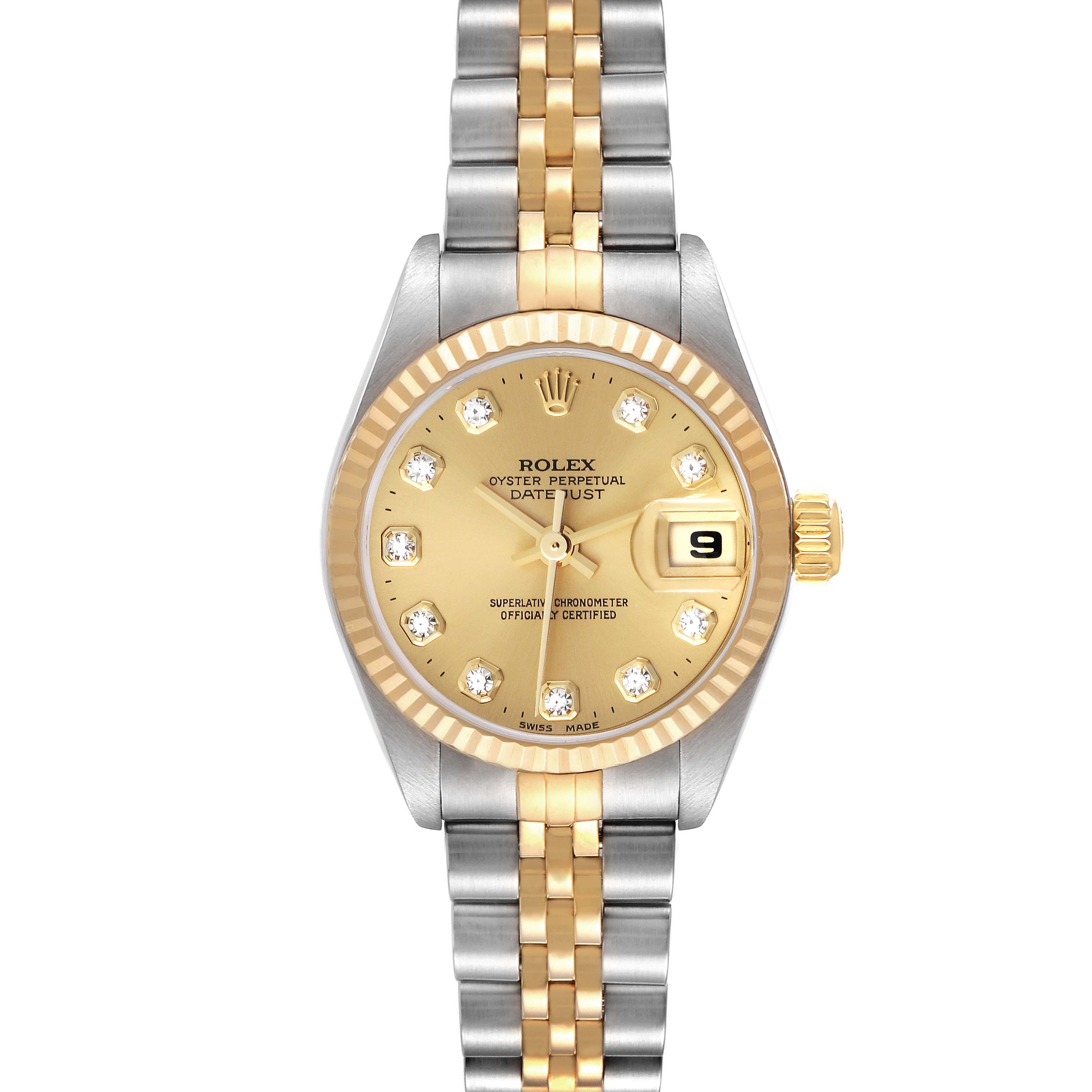 The Rolex Datejust 79173 Women's Steel and Gold (two tone) Champagne Dial 79173 Women's Steel and Gold (two tone) Champagne Dial watch is shown from the front, highlighting the dial, fluted bezel, and two-tone bracelet.