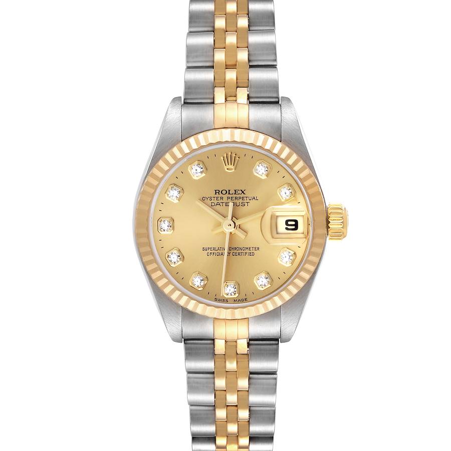 The Rolex Datejust watch is shown from the front, highlighting the dial, fluted bezel, and two-tone bracelet.