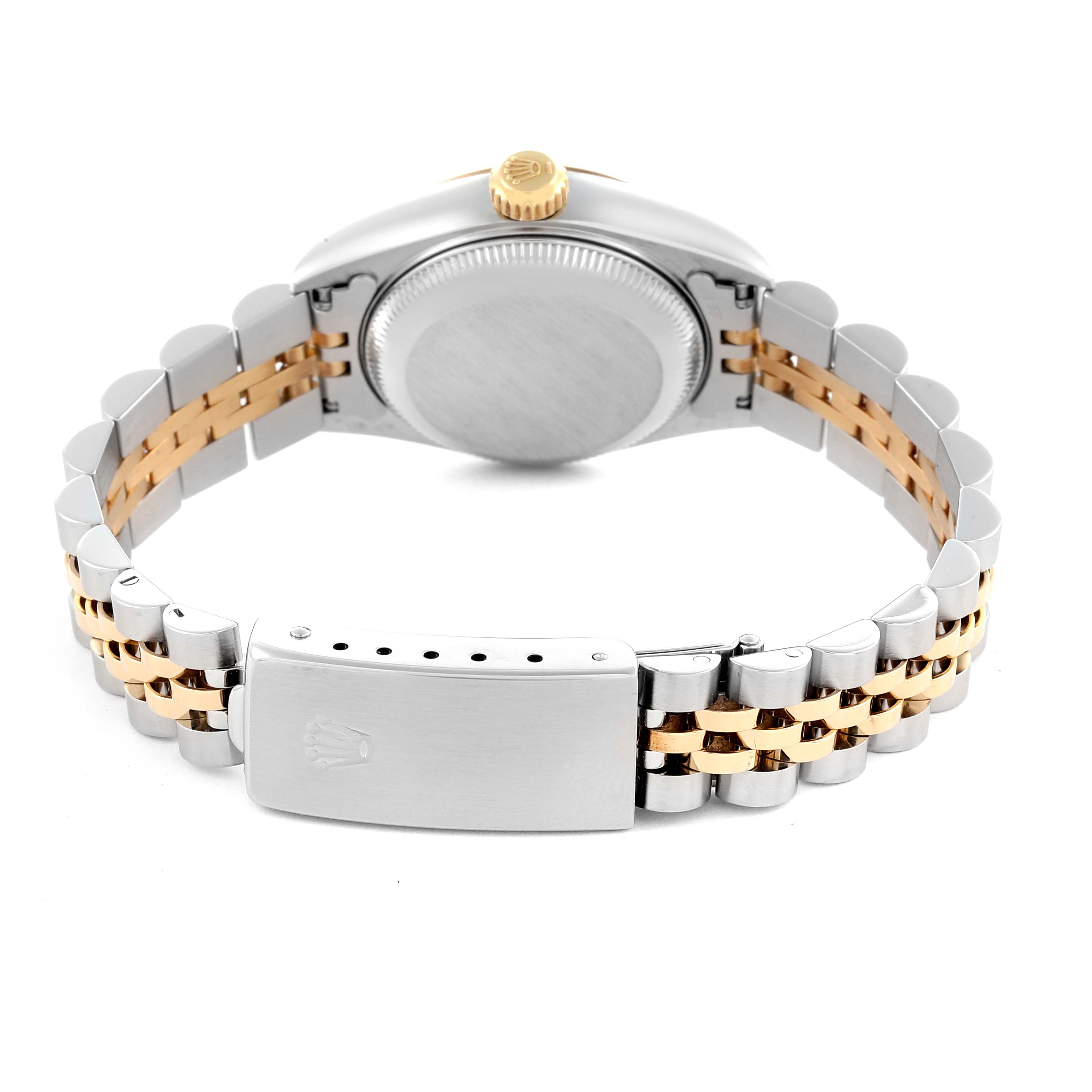 The image shows the back view of the Rolex Datejust 79173 Women's Steel and Gold (two tone) Champagne Dial 79173 Women's Steel and Gold (two tone) Champagne Dial, highlighting the bracelet, clasp, and case back.