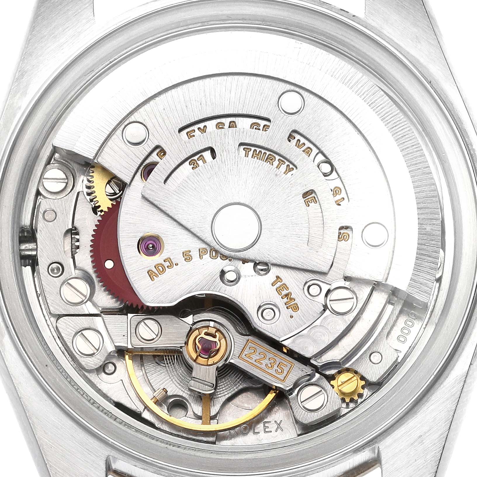 The image shows the movement of a Rolex Datejust 79173 Women's Steel and Gold (two tone) Champagne Dial 79173 Women's Steel and Gold (two tone) Champagne Dial watch from a top-down angle, highlighting internal mechanical parts.