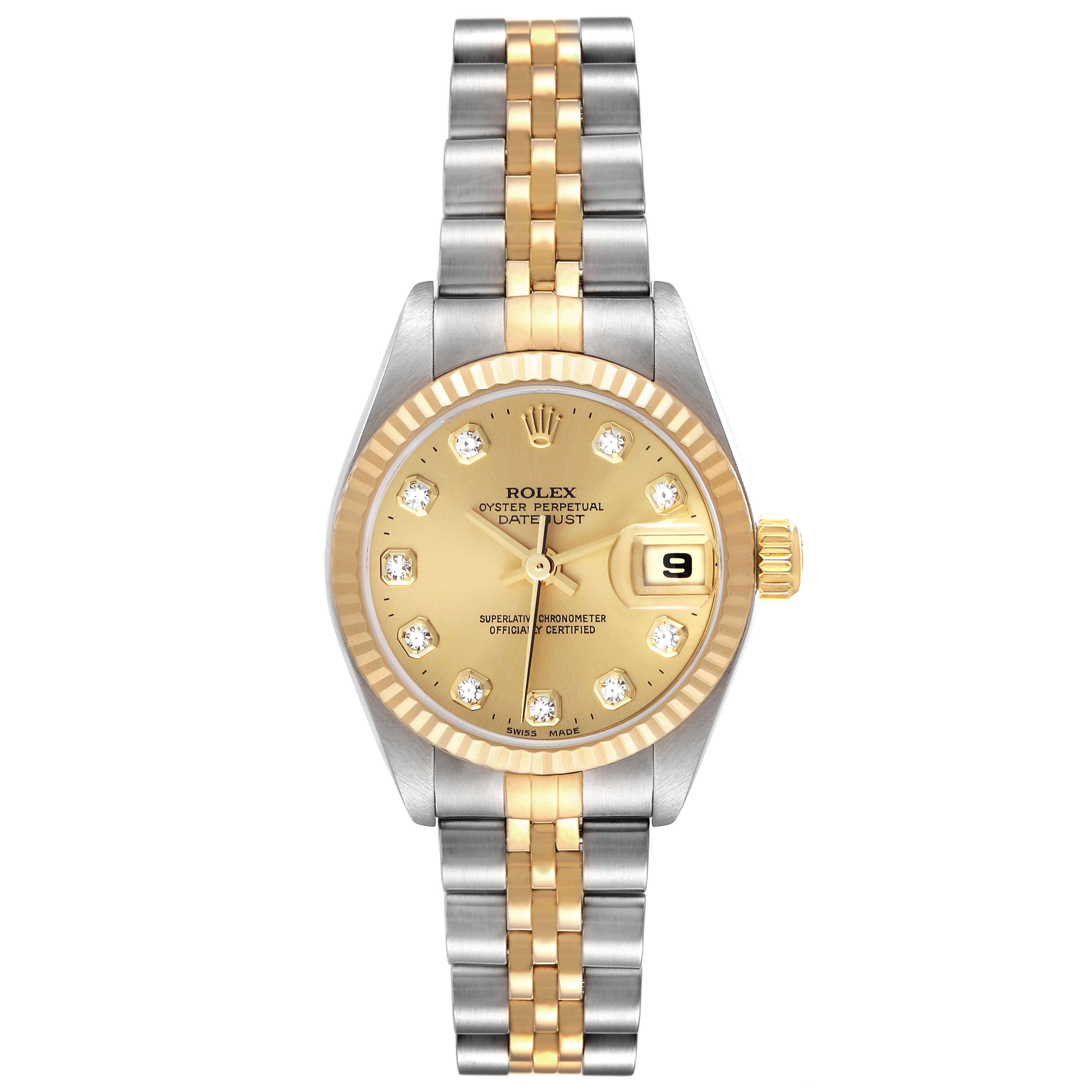 The Rolex Datejust 79173 Women's Steel and Gold (two tone) Champagne Dial 79173 Women's Steel and Gold (two tone) Champagne Dial watch is shown from a front view, highlighting the gold dial, fluted bezel, and two-tone bracelet.