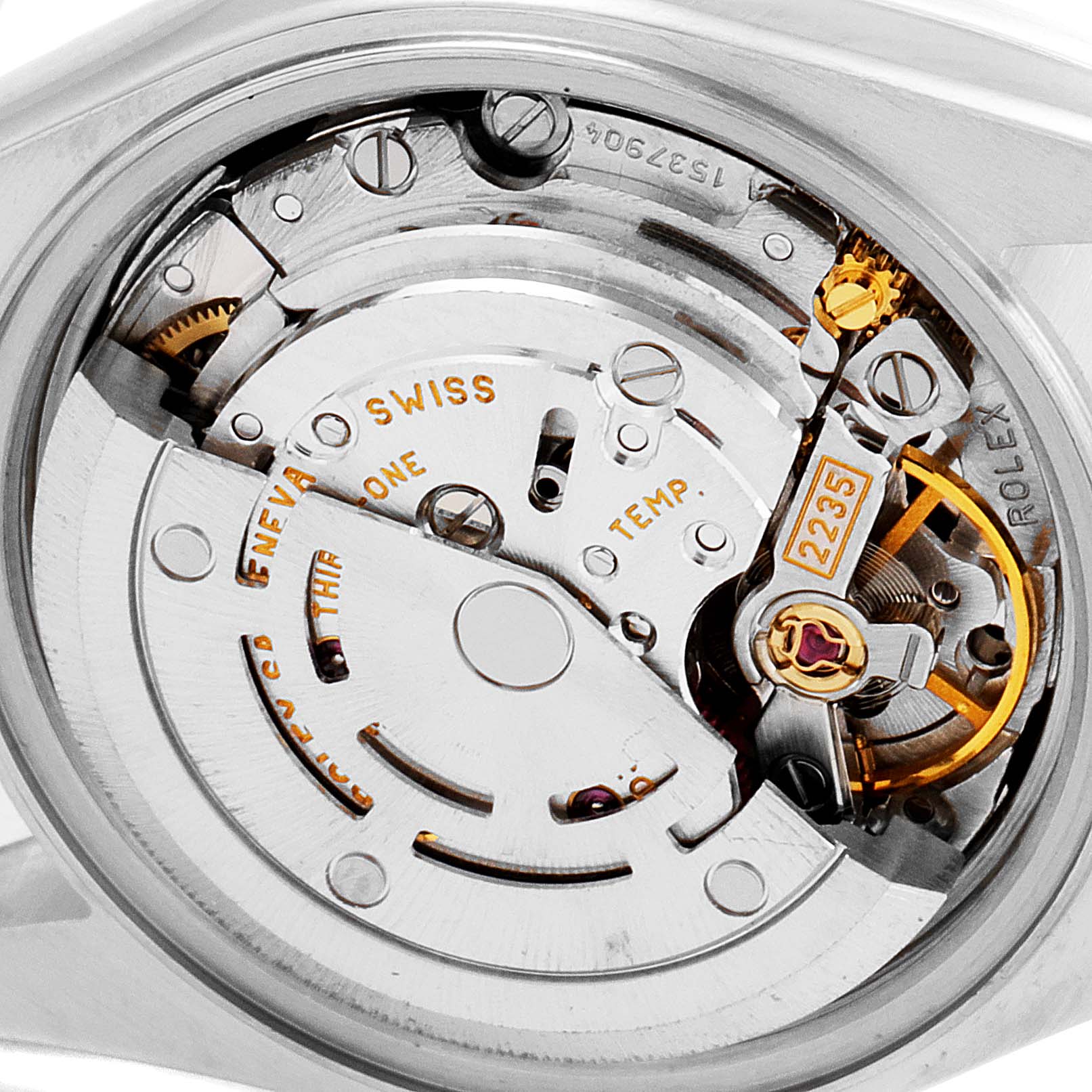 This image shows the internal mechanics and movement of a Rolex Datejust 79173 Women's Steel and Gold (two tone) Black Dial 79173 Women's Steel and Gold (two tone) Black Dial watch at a close-up angle.