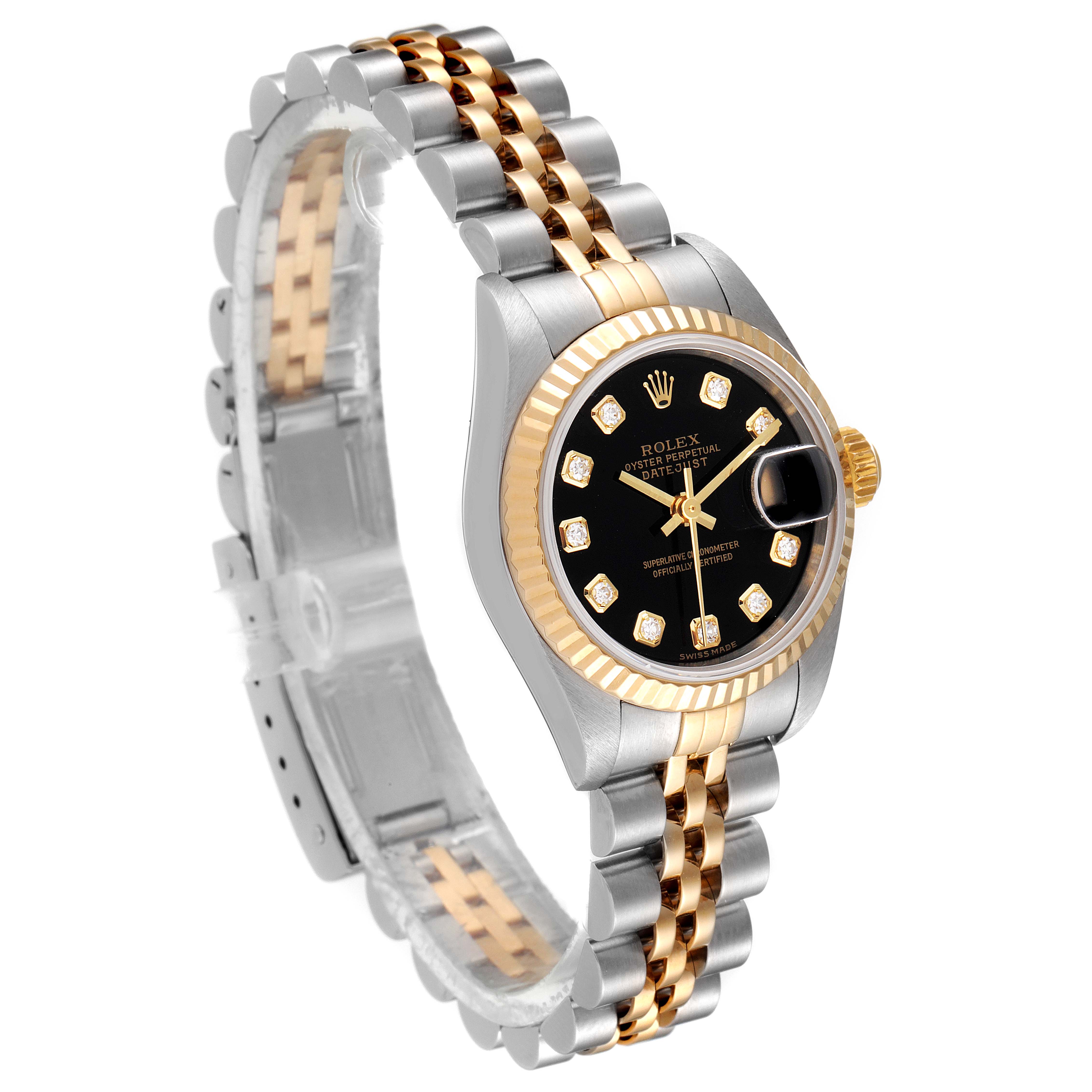 The image shows a Rolex Datejust 79173 Women's Steel and Gold (two tone) Black Dial 79173 Women's Steel and Gold (two tone) Black Dial watch at a three-quarter angle, highlighting its two-tone bracelet, black dial, and fluted bezel.