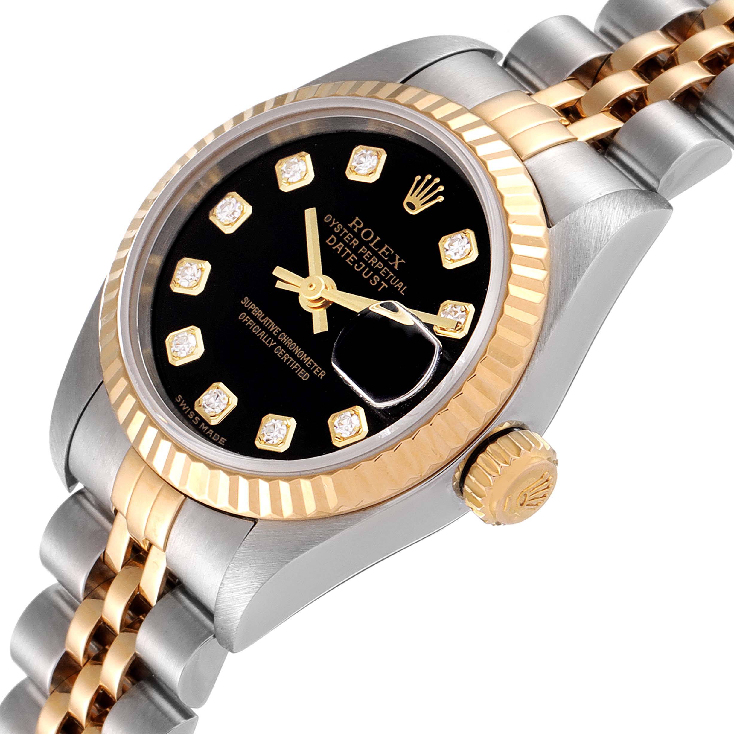 The image shows a close-up angle of a Rolex Datejust 79173 Women's Steel and Gold (two tone) Black Dial 79173 Women's Steel and Gold (two tone) Black Dial, highlighting the black dial, diamond markers, fluted bezel, crown, and bracelet.