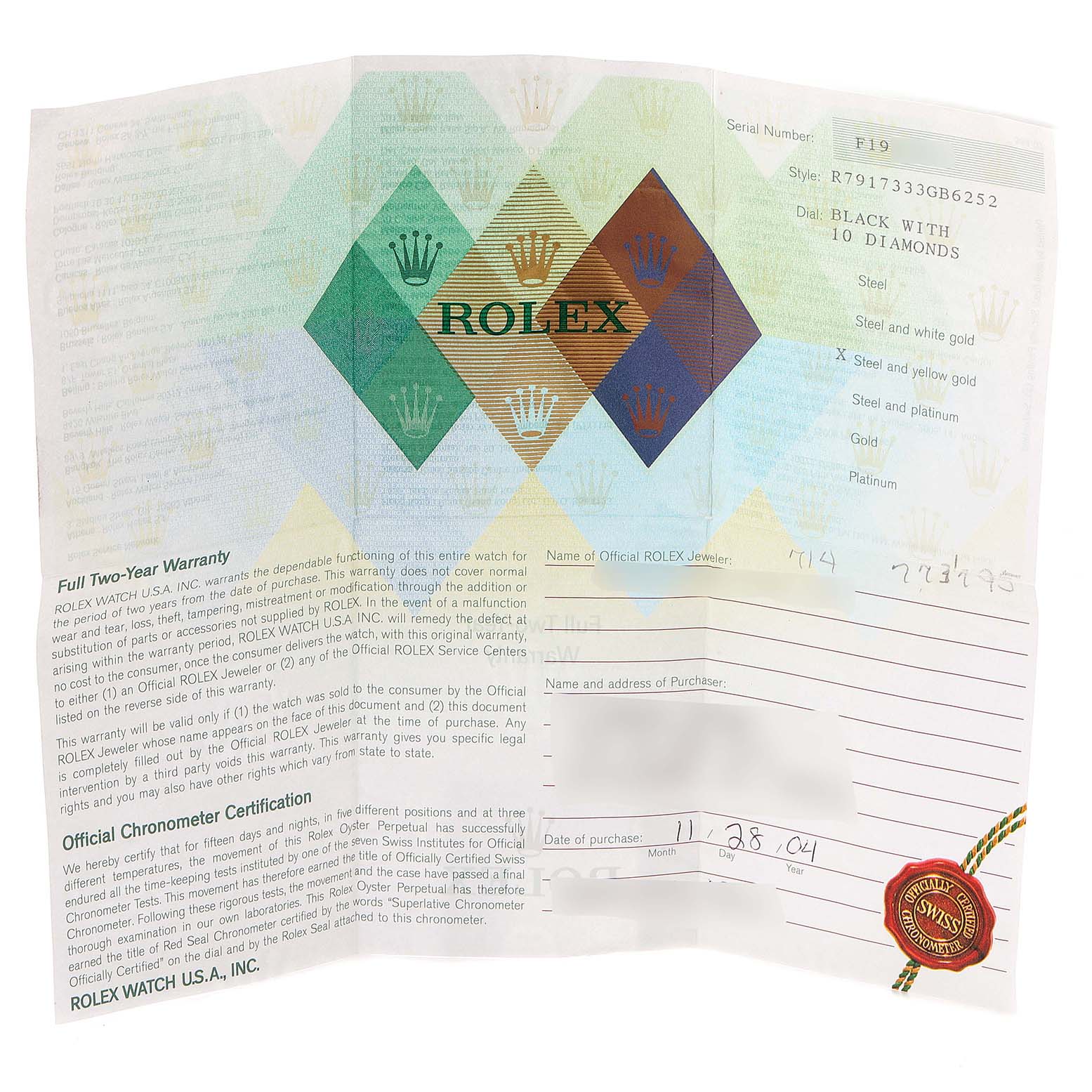The image shows a warranty certificate for a Rolex Datejust 79173 Women's Steel and Gold (two tone) Black Dial 79173 Women's Steel and Gold (two tone) Black Dial watch, featuring brand detailing and purchase information.