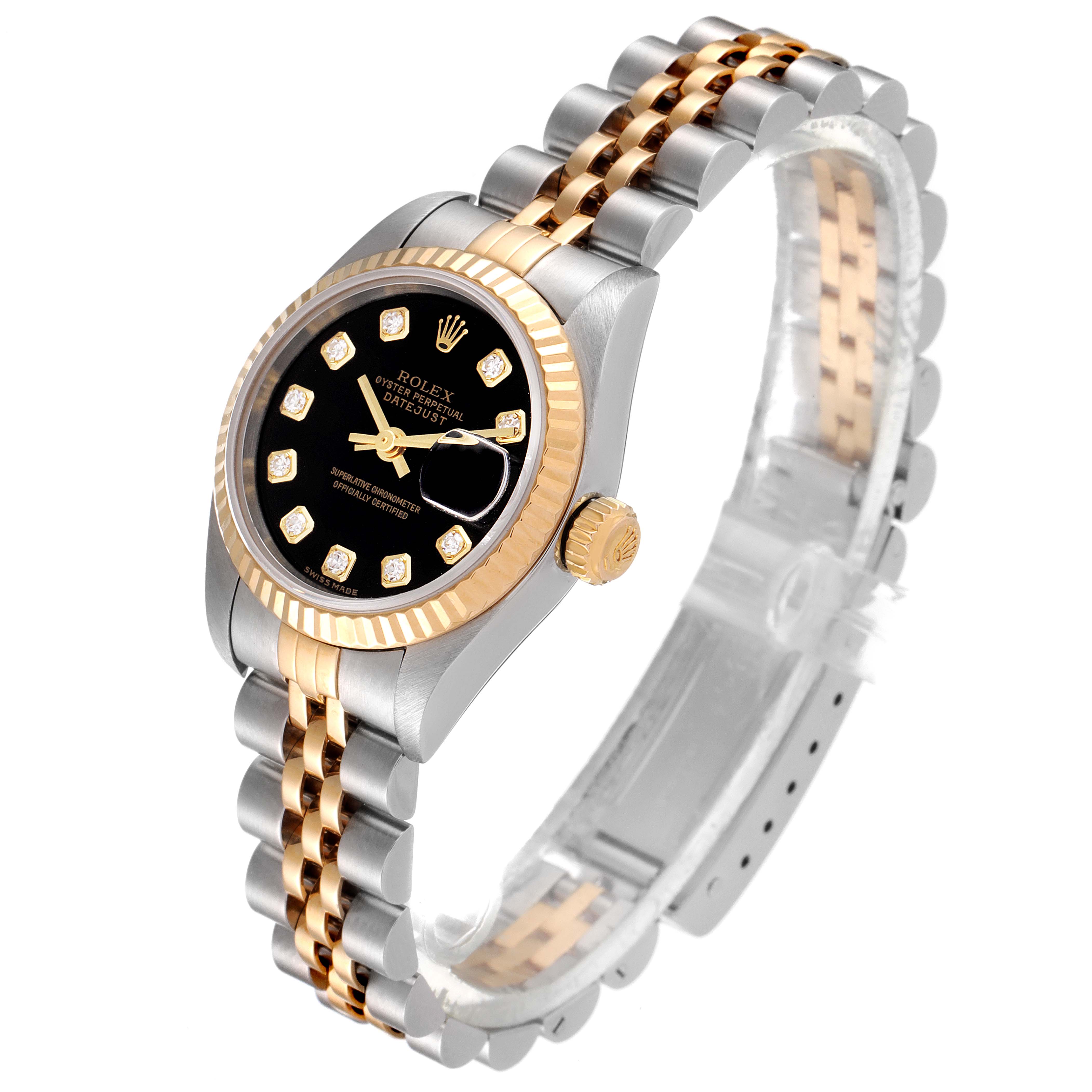The Rolex Datejust 79173 Women's Steel and Gold (two tone) Black Dial 79173 Women's Steel and Gold (two tone) Black Dial watch is shown at a slight angle, displaying its bracelet, fluted bezel, and black dial with diamond hour markers.
