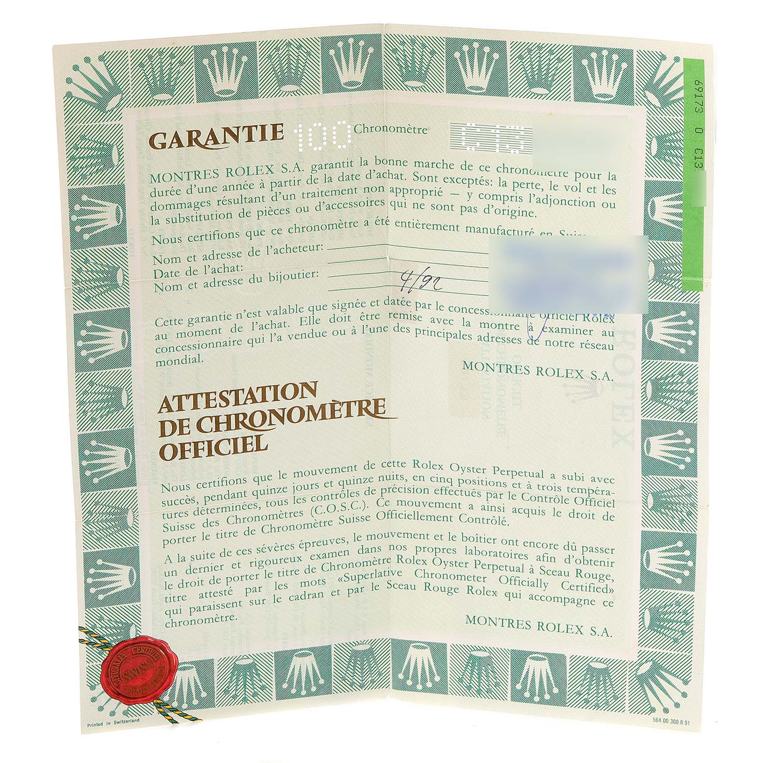 This image shows the warranty and official chronometer certification document for a Rolex Datejust 69173 Women
s Steel and Gold (two tone) Champagne Dial 69173 Women
s Steel and Gold (two tone) Champagne Dial model.