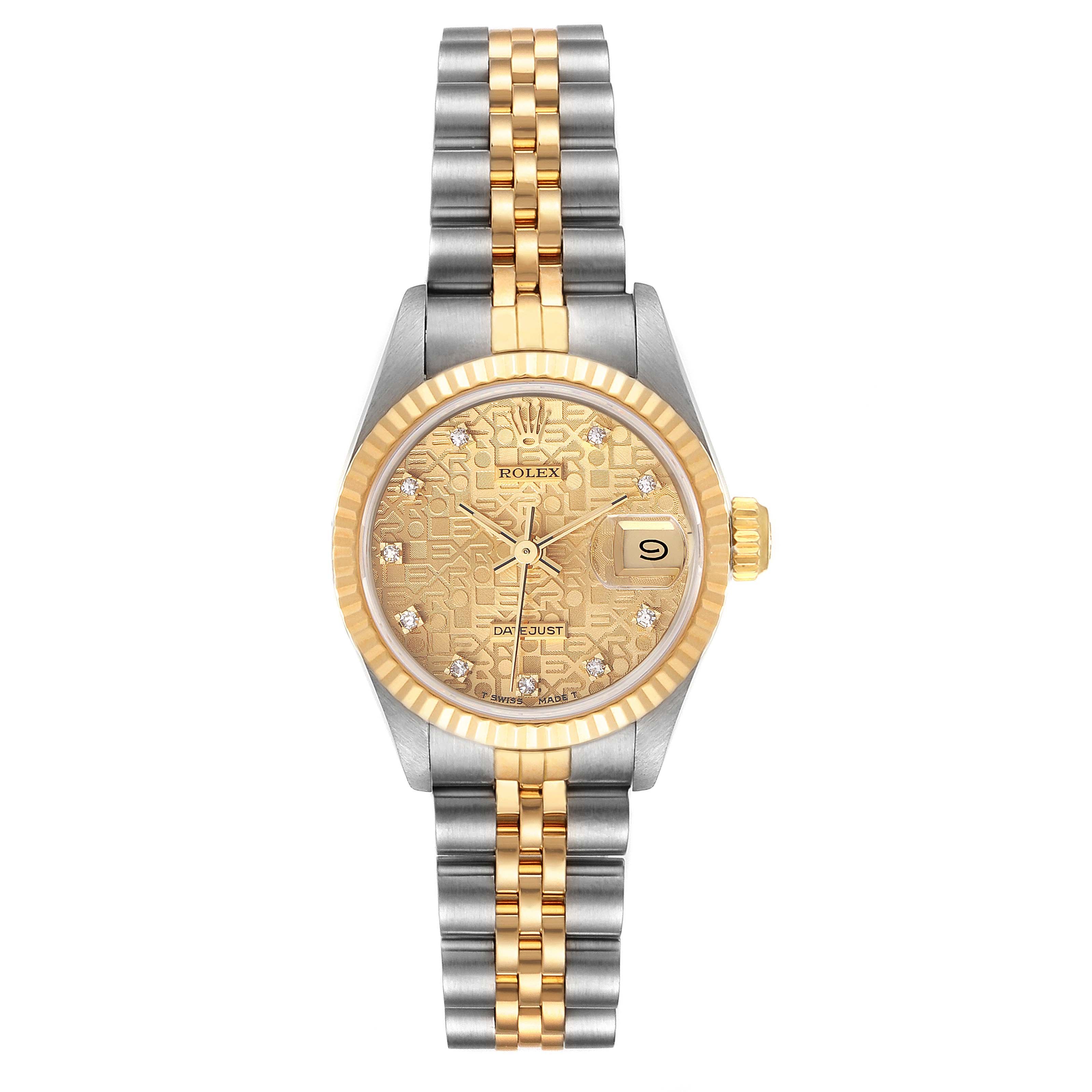 This image shows a front view of a Rolex Datejust 69173 Women
s Steel and Gold (two tone) Champagne Dial 69173 Women
s Steel and Gold (two tone) Champagne Dial watch, highlighting the two-tone bracelet, gold dial, fluted bezel, and date window.