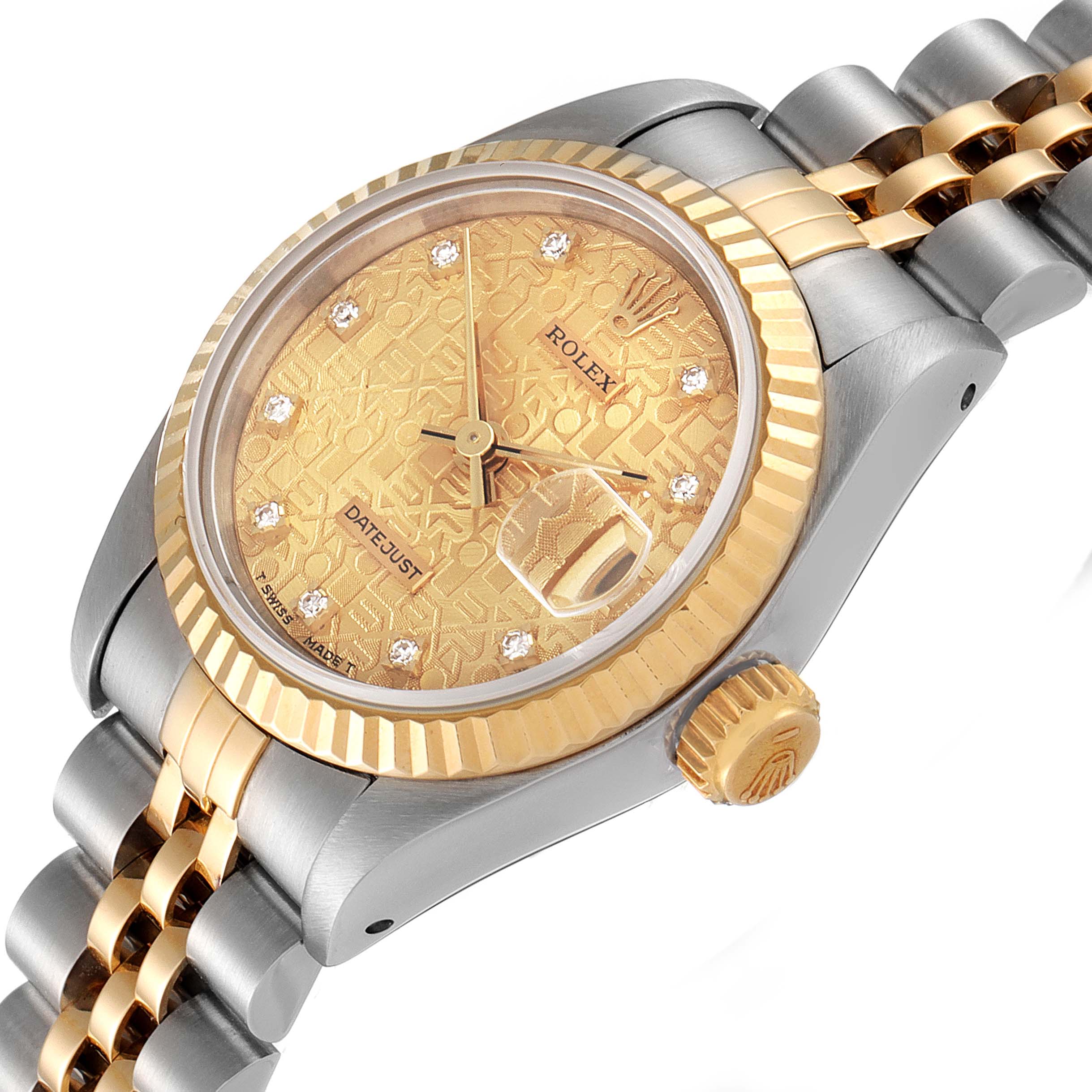 This image shows a close-up of the Rolex Datejust 69173 Women
s Steel and Gold (two tone) Champagne Dial 69173 Women
s Steel and Gold (two tone) Champagne Dial watch, highlighting the gold dial, bezel, crown, and part of the bracelet.