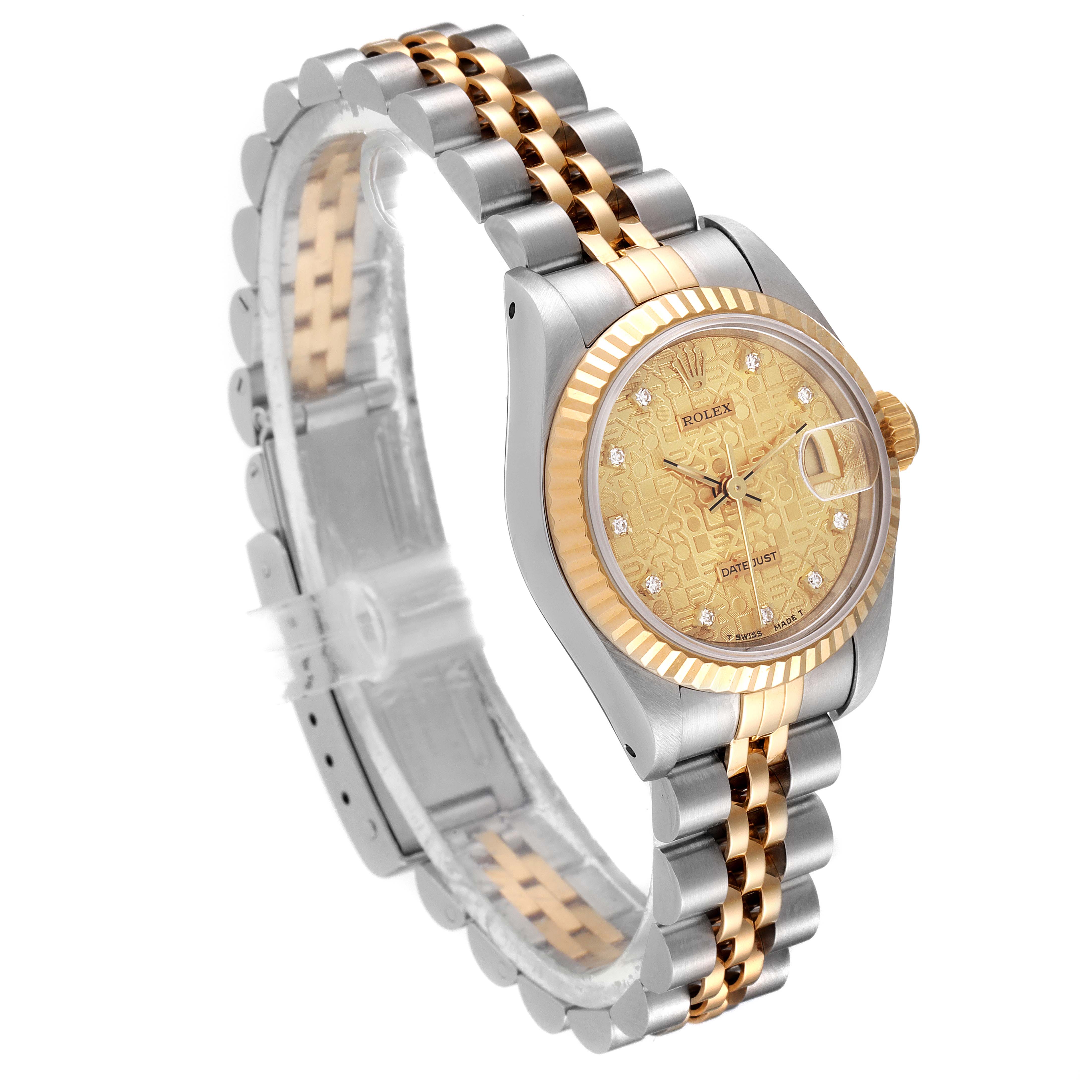 The Rolex Datejust 69173 Women
s Steel and Gold (two tone) Champagne Dial 69173 Women
s Steel and Gold (two tone) Champagne Dial watch is shown at a slight angle, highlighting the face, case, crown, and two-tone bracelet.