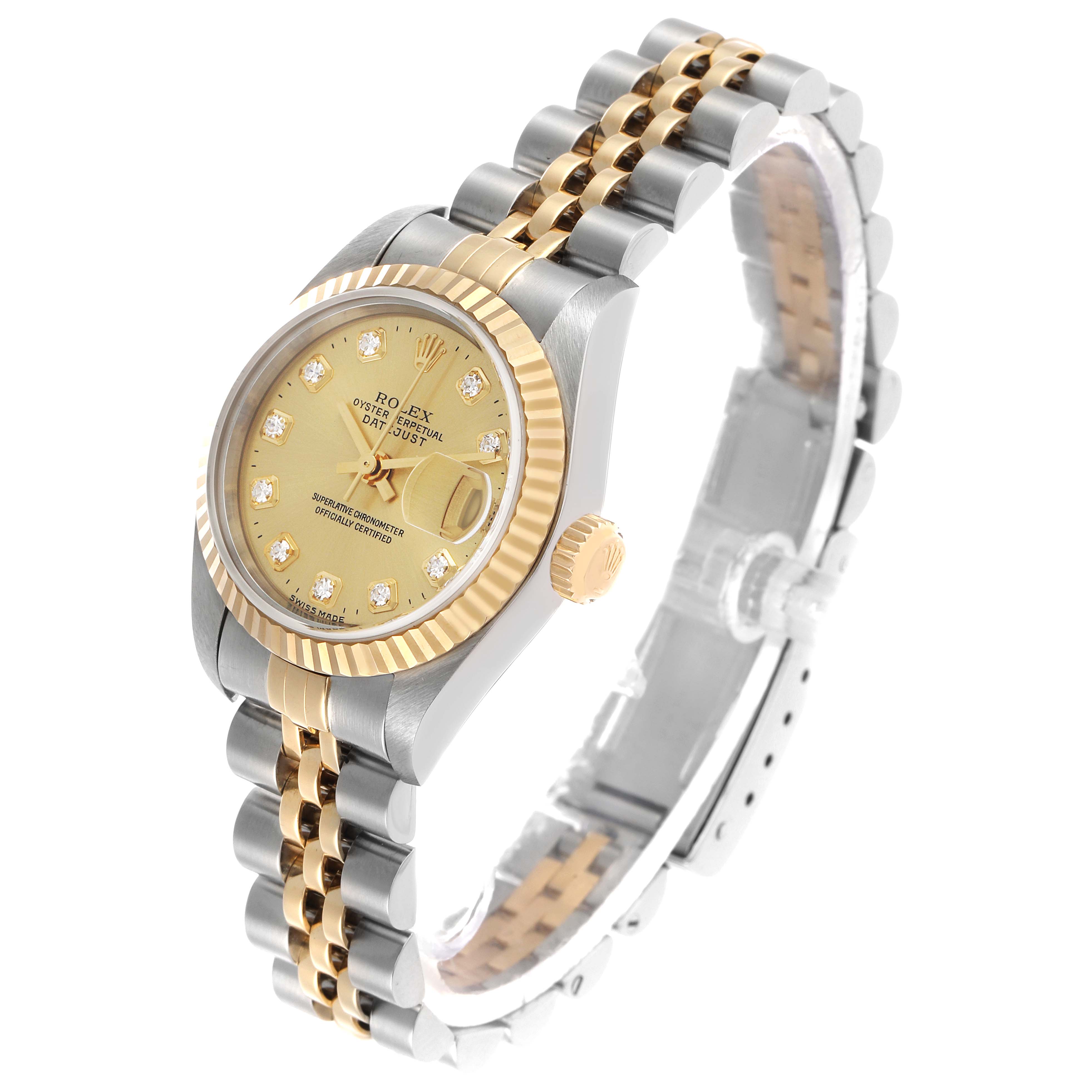 The Rolex Datejust 79173 Women's Steel and Gold (two tone) Champagne Dial watch is shown at a side angle, highlighting the gold bezel, crown, and two-tone Jubilee bracelet.