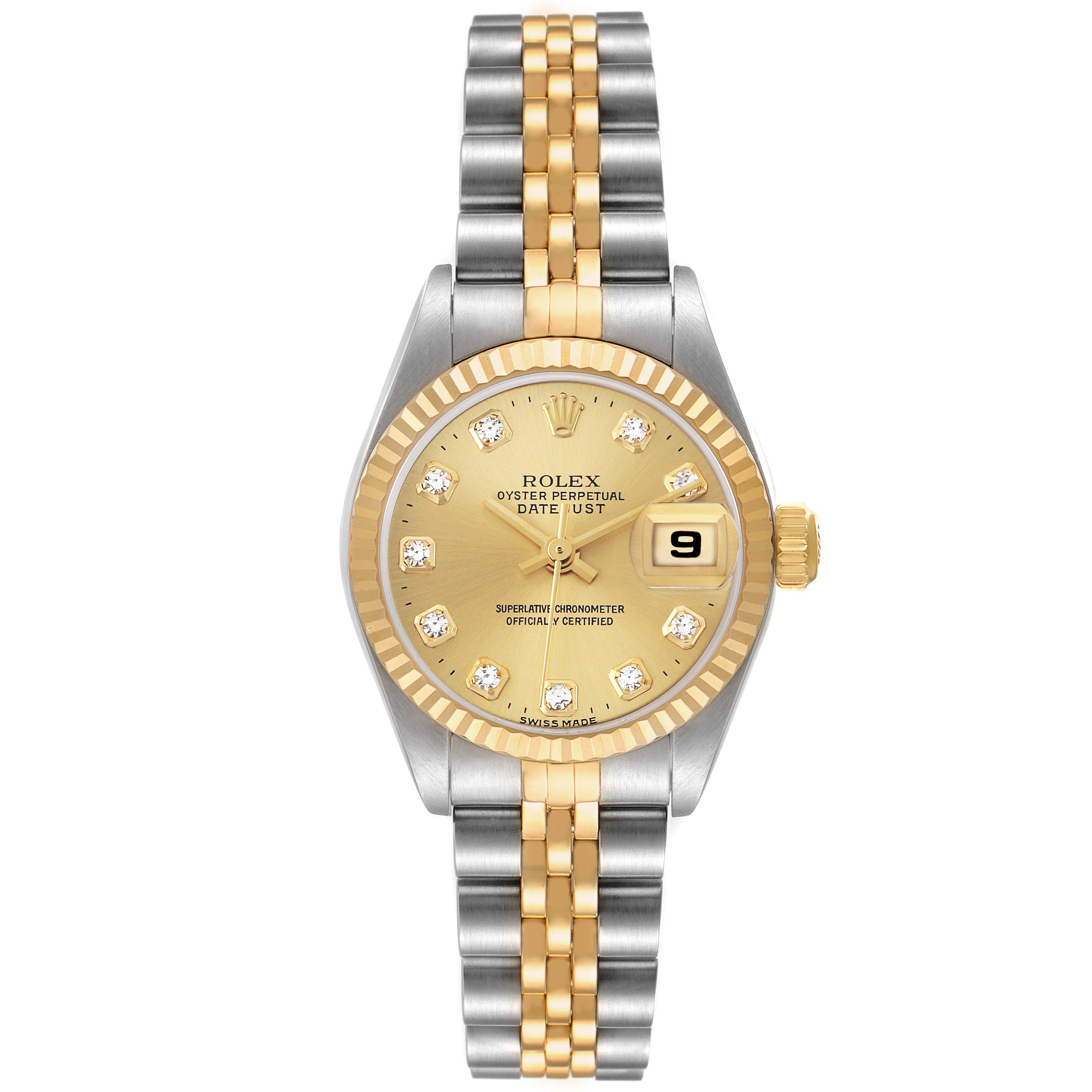 The Rolex Datejust 79173 Women's Steel and Gold (two tone) Champagne Dial watch is shown from a top-down angle featuring the full face, bezel, and bracelet.