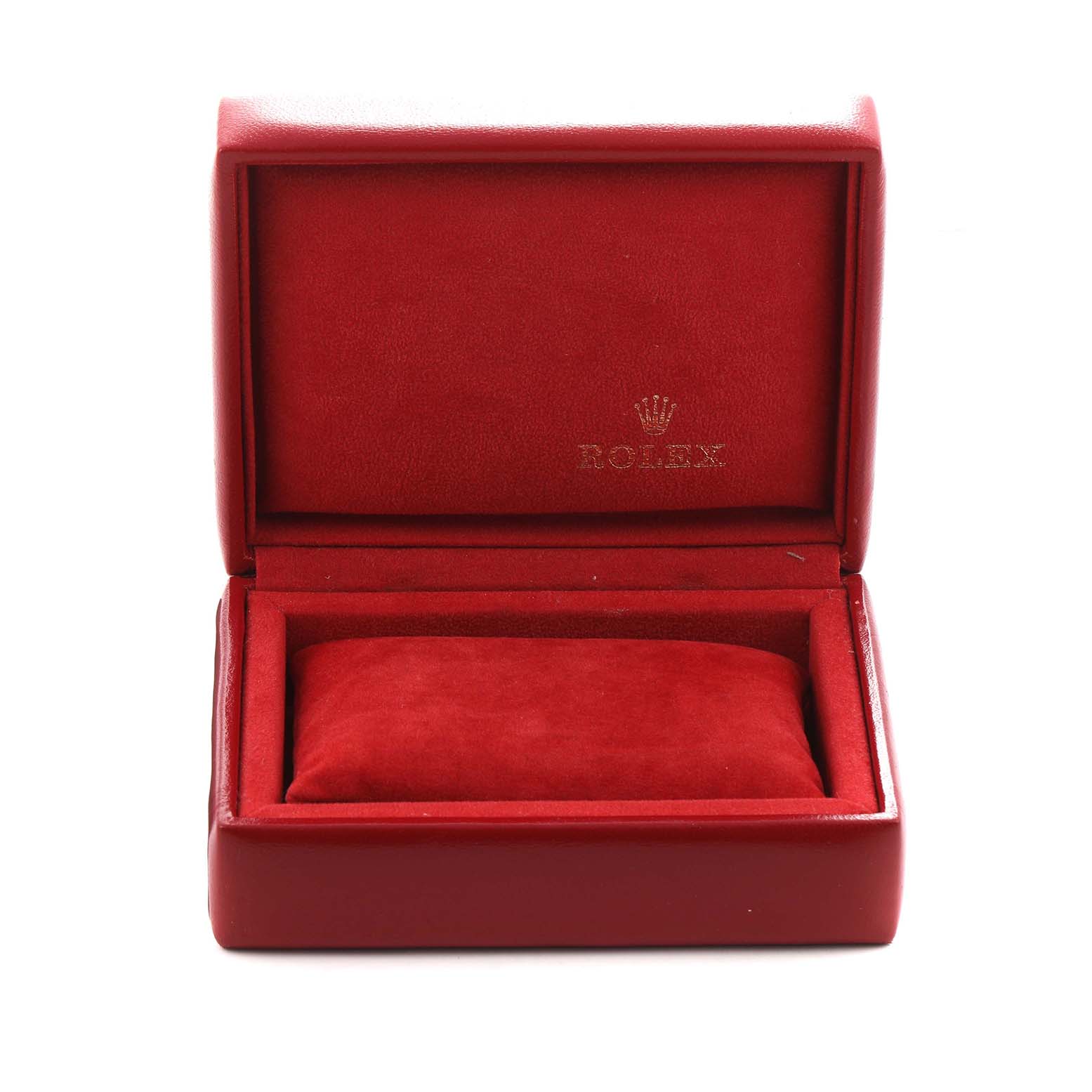 The image shows an open red watch box for a Rolex Datejust 79173 Women's Steel and Gold (two tone) Champagne Dial, featuring the interior cushion and embossed logo.