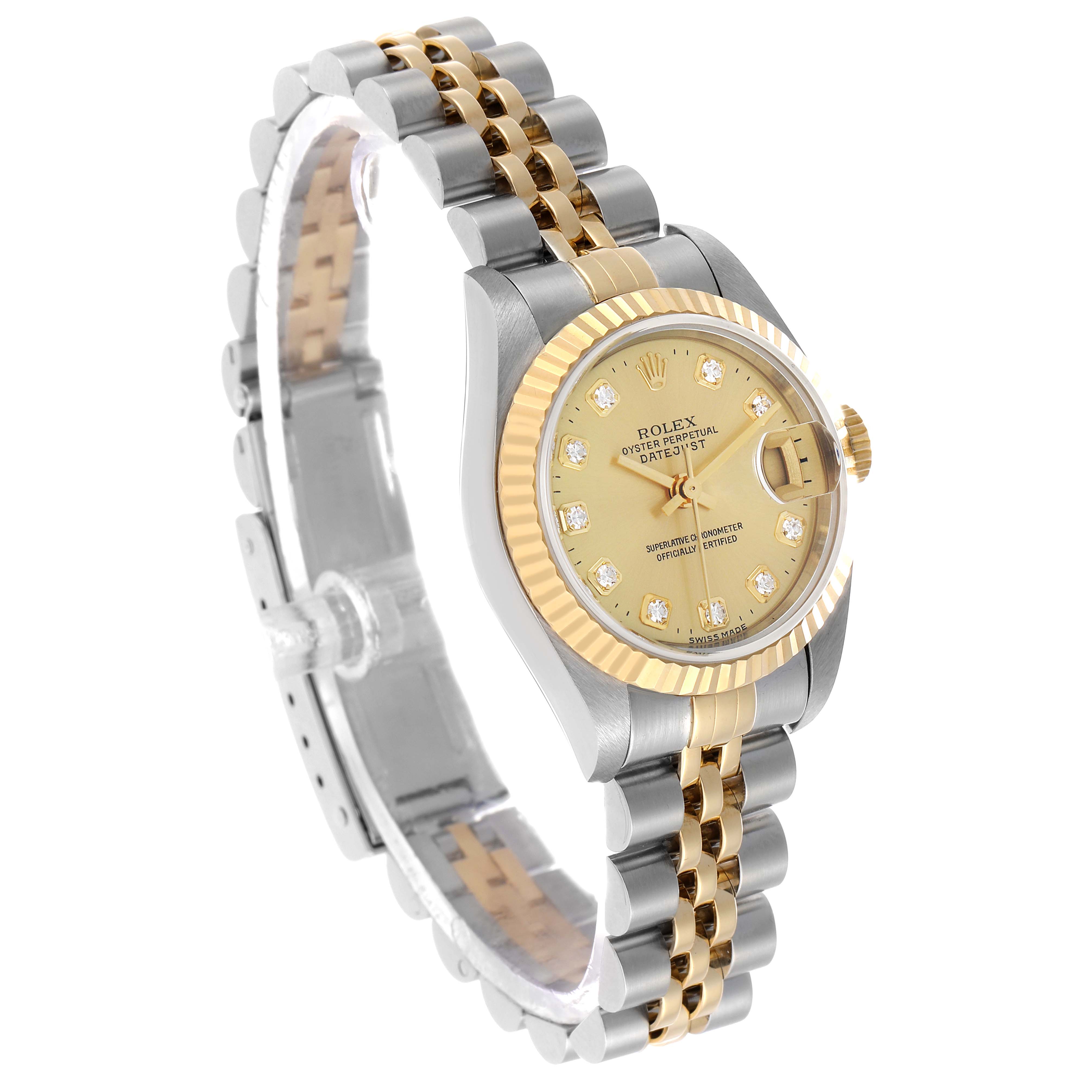 The Rolex Datejust 79173 Women's Steel and Gold (two tone) Champagne Dial watch is shown at a three-quarter angle, highlighting the gold bezel, champagne dial, and two-tone bracelet.