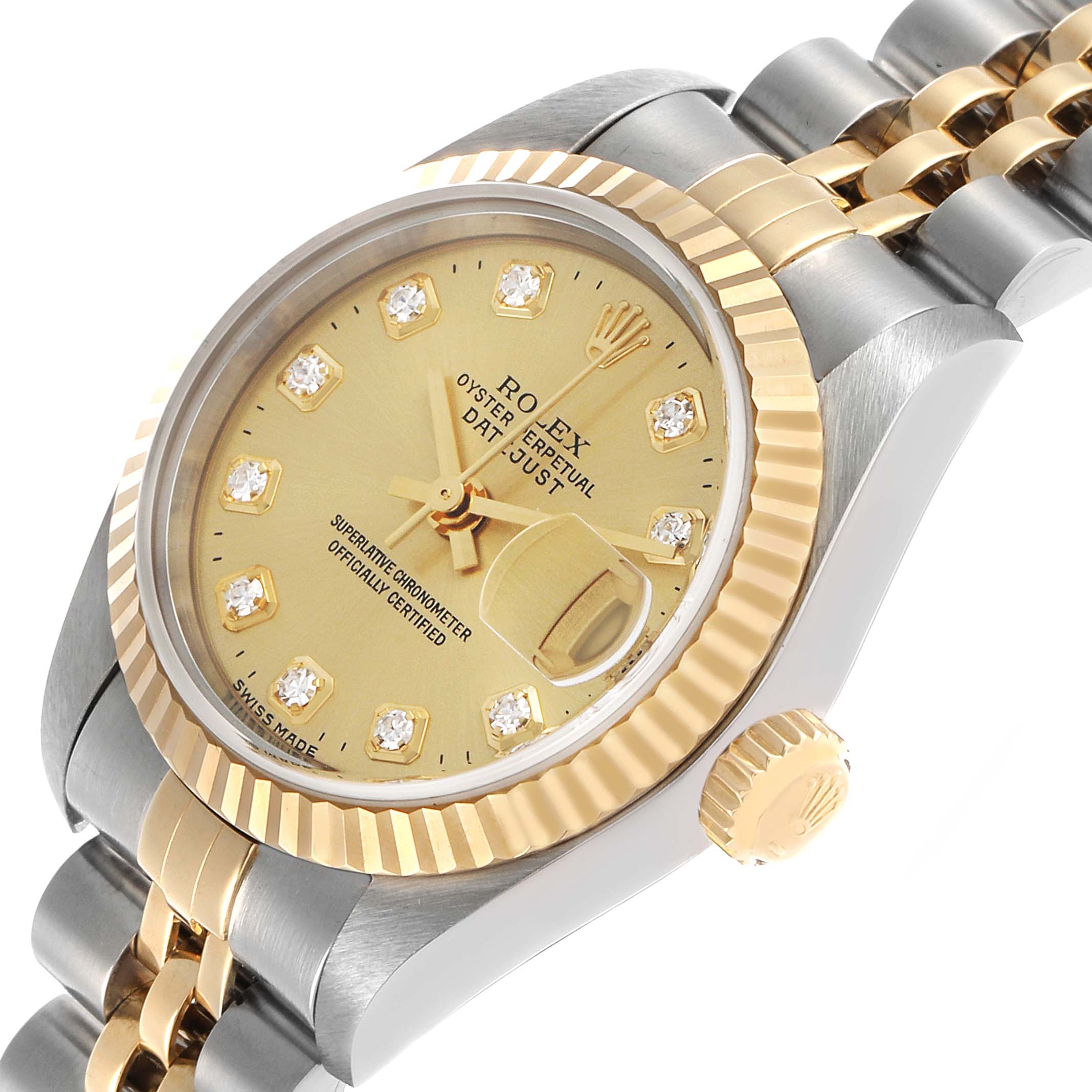The Rolex Datejust 79173 Women's Steel and Gold (two tone) Champagne Dial watch is shown at an angled view highlighting the gold dial, bezel, crown, and part of the bracelet.