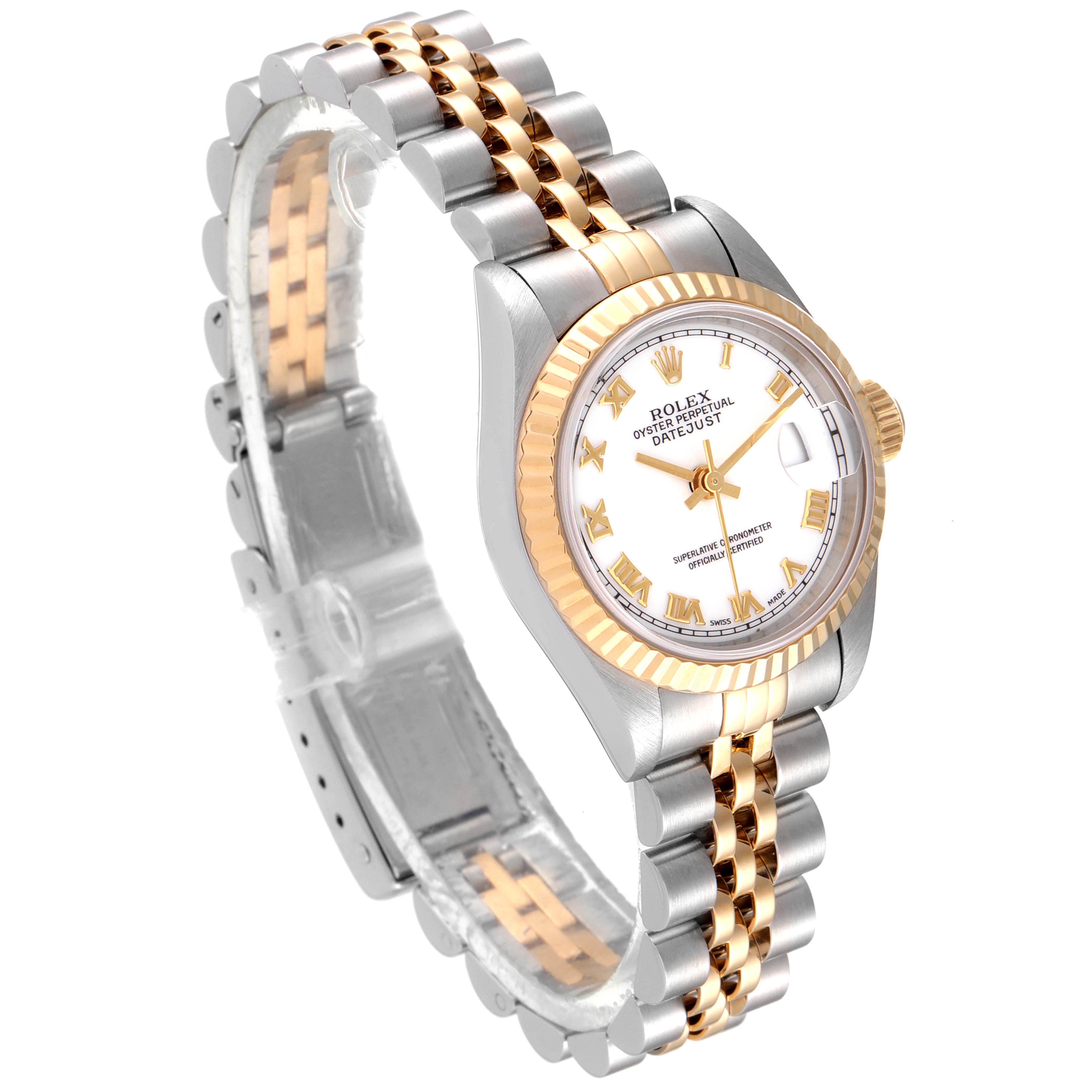 This image shows a Rolex Datejust 69173 Women
s Steel and Gold (two tone) White Dial 69173 Women
s Steel and Gold (two tone) White Dial watch at an angled view, displaying its two-tone bracelet and fluted bezel.