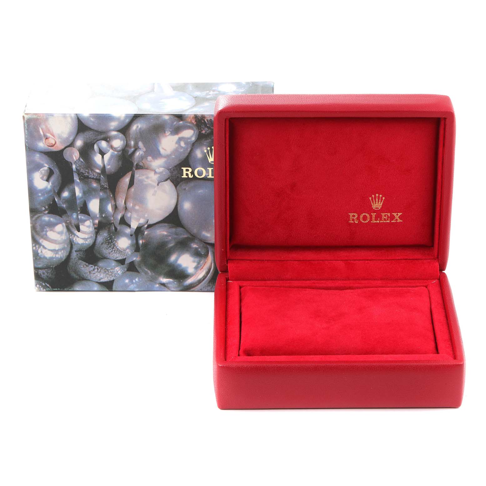 The image shows a red Rolex Datejust 69173 Women
s Steel and Gold (two tone) White Dial 69173 Women
s Steel and Gold (two tone) White Dial watch case open with the exterior box in the background.