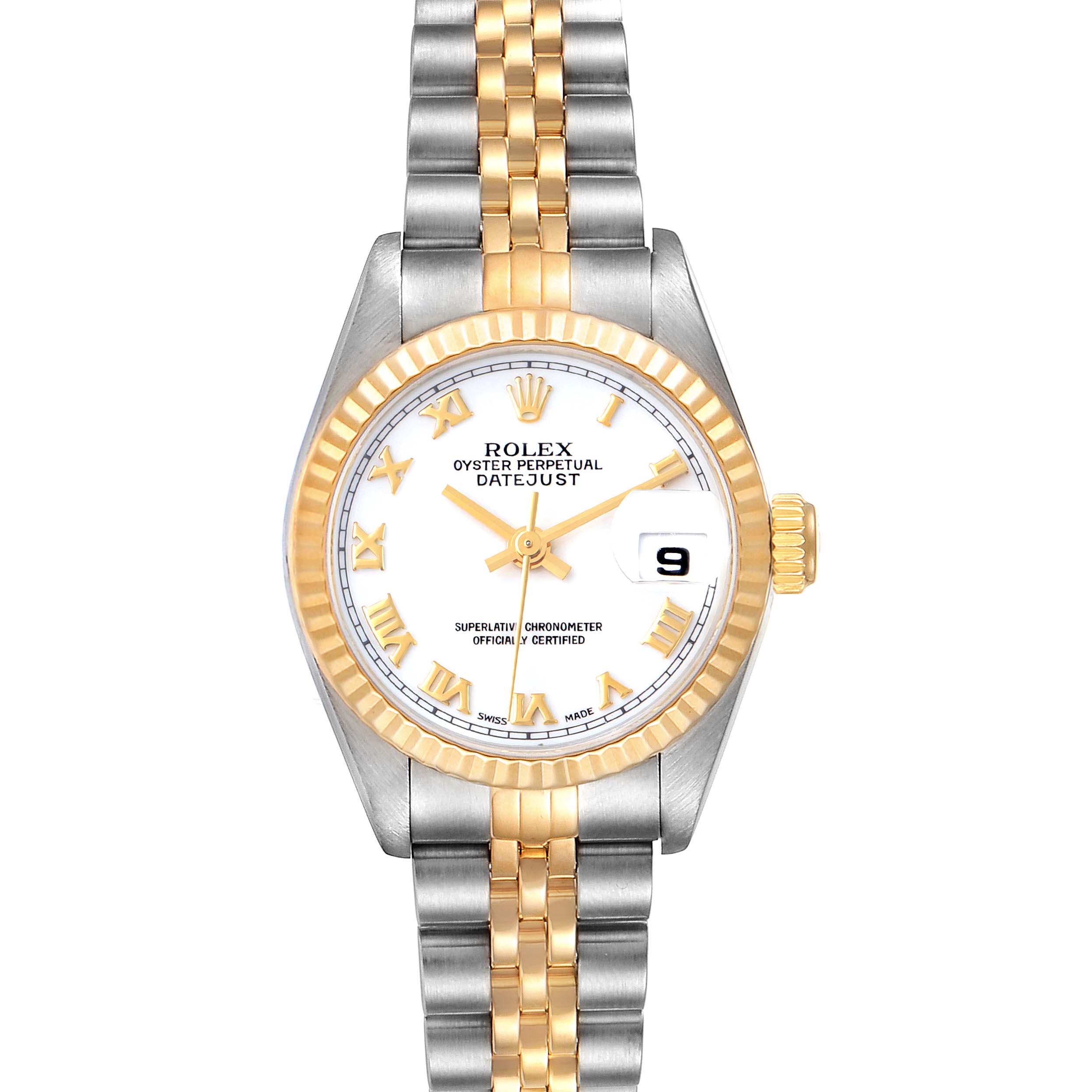 The Rolex Datejust 69173 Women
s Steel and Gold (two tone) White Dial 69173 Women
s Steel and Gold (two tone) White Dial watch is shown from a top-down angle, highlighting its face, bezel, and bracelet.