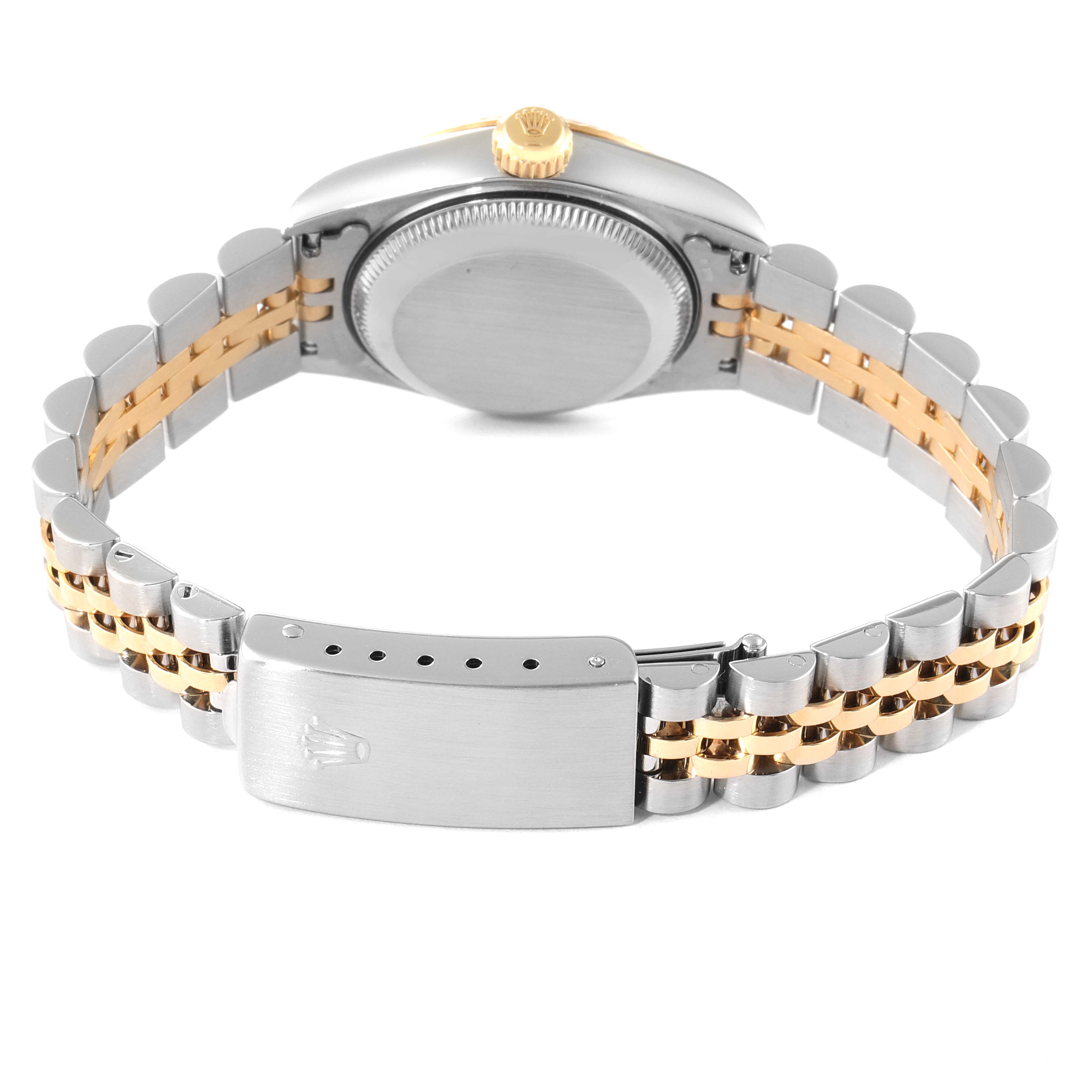 This image shows the back of the Rolex Datejust 69173 Women
s Steel and Gold (two tone) White Dial 69173 Women
s Steel and Gold (two tone) White Dial watch, highlighting the bracelet and clasp.