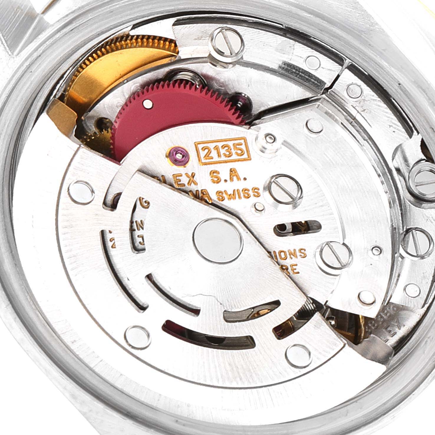 The image shows the internal movement mechanism of the Rolex Datejust 69173 Women
s Steel and Gold (two tone) White Dial 69173 Women
s Steel and Gold (two tone) White Dial watch, viewed from the back.