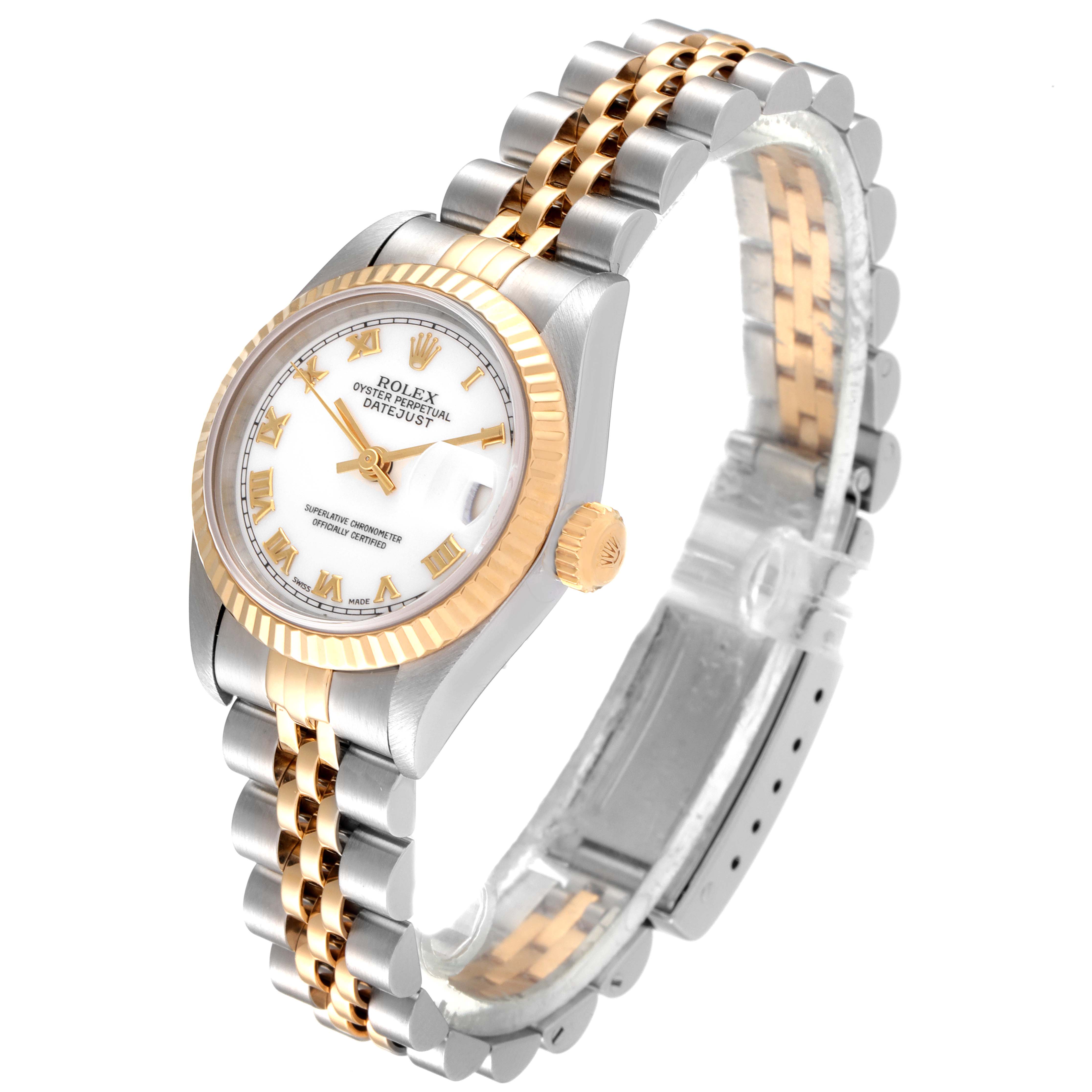 The image shows a side angle of the Rolex Datejust 69173 Women
s Steel and Gold (two tone) White Dial 69173 Women
s Steel and Gold (two tone) White Dial watch, highlighting its two-tone bracelet, white dial, and gold bezel.