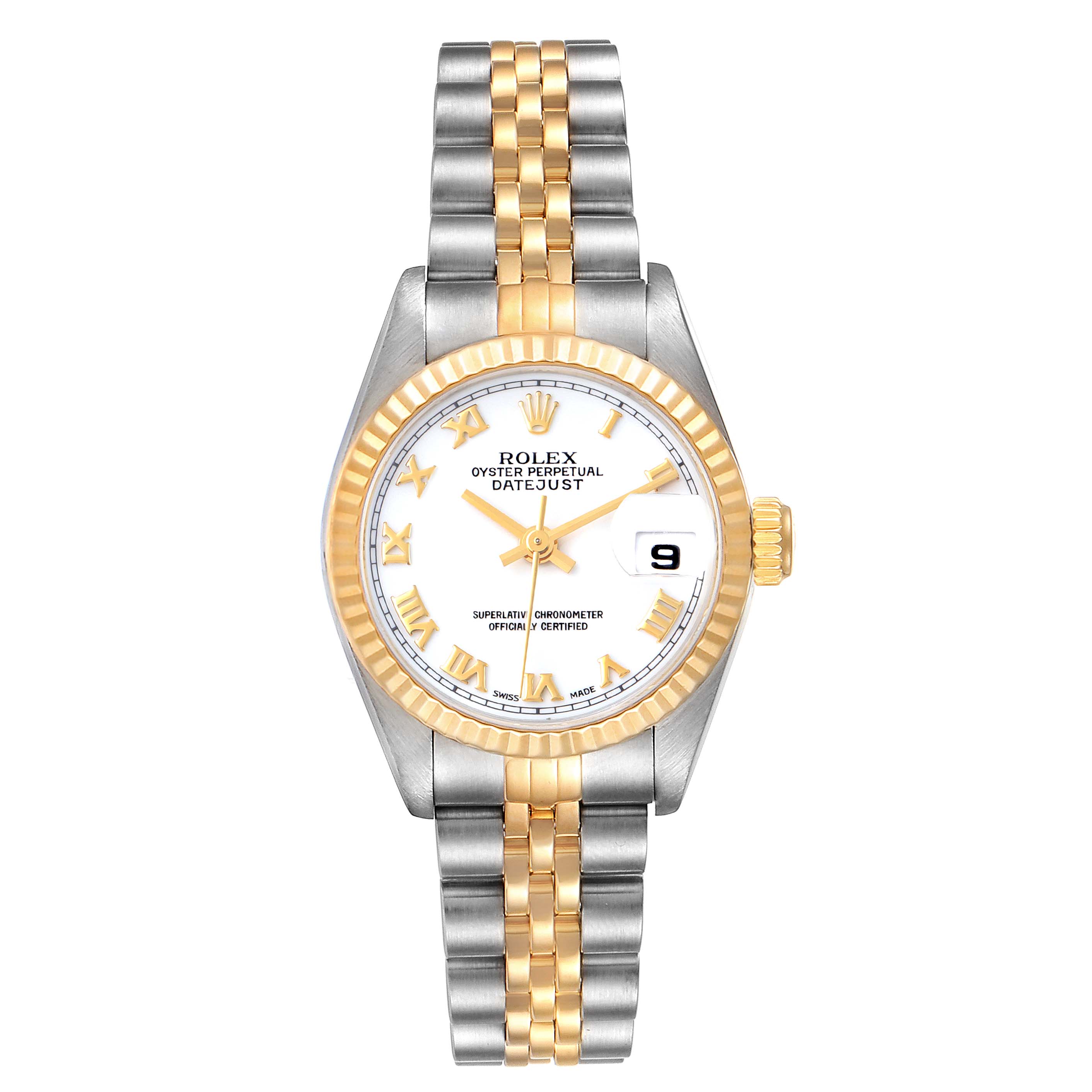 This image shows a Rolex Datejust 69173 Women
s Steel and Gold (two tone) White Dial 69173 Women
s Steel and Gold (two tone) White Dial watch from a top-down angle, highlighting the face, fluted bezel, and two-tone bracelet.