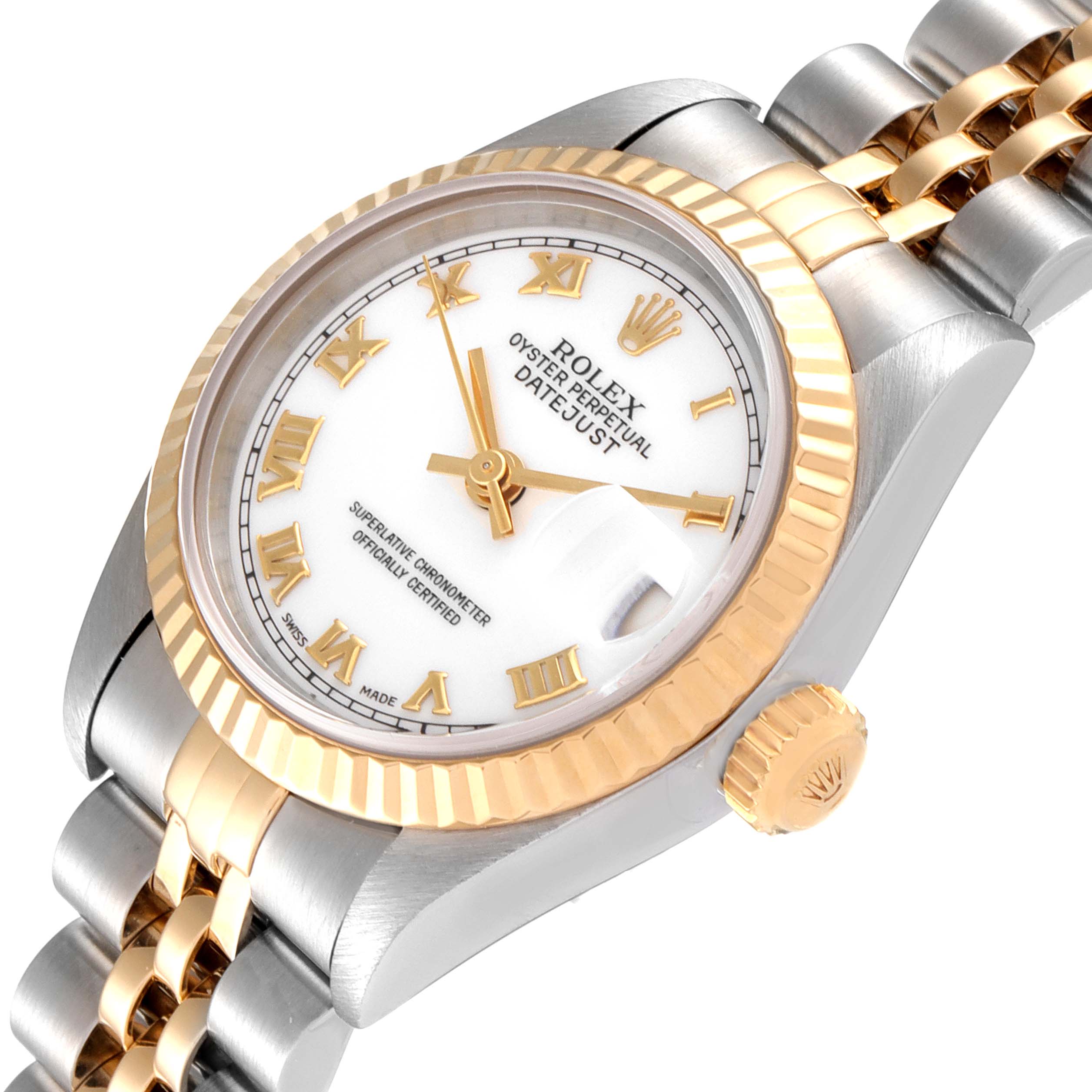 The Rolex Datejust 69173 Women
s Steel and Gold (two tone) White Dial 69173 Women
s Steel and Gold (two tone) White Dial watch is shown at an oblique angle displaying the face, bezel, crown, and part of the band.
