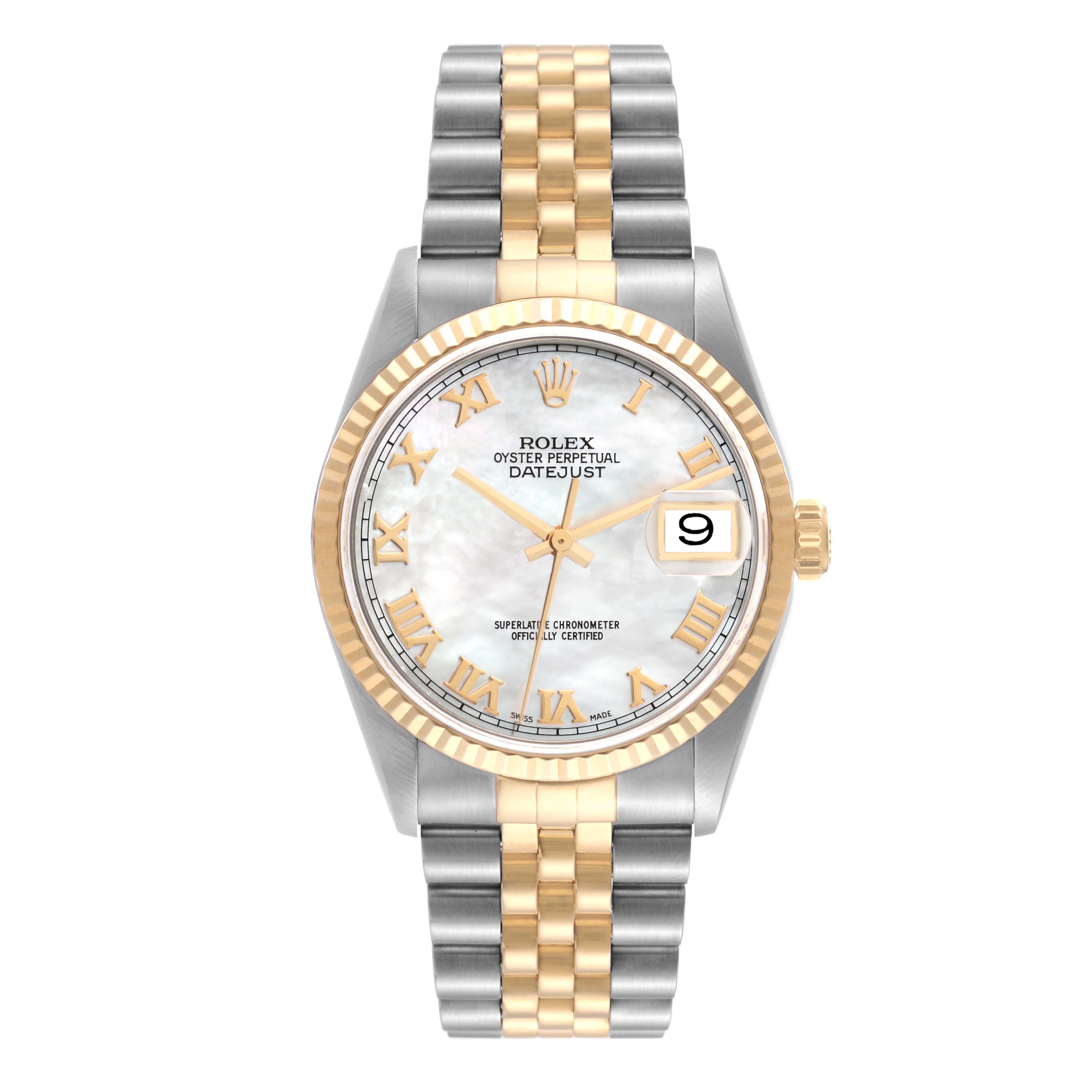 The Rolex Datejust 16233 Men's Steel and Gold (two tone) Mother of Pearl Dial 16233 Men's Steel and Gold (two tone) Mother of Pearl Dial model is shown in a front view highlighting its dial, fluted bezel, gold and silver bracelet, and date display.