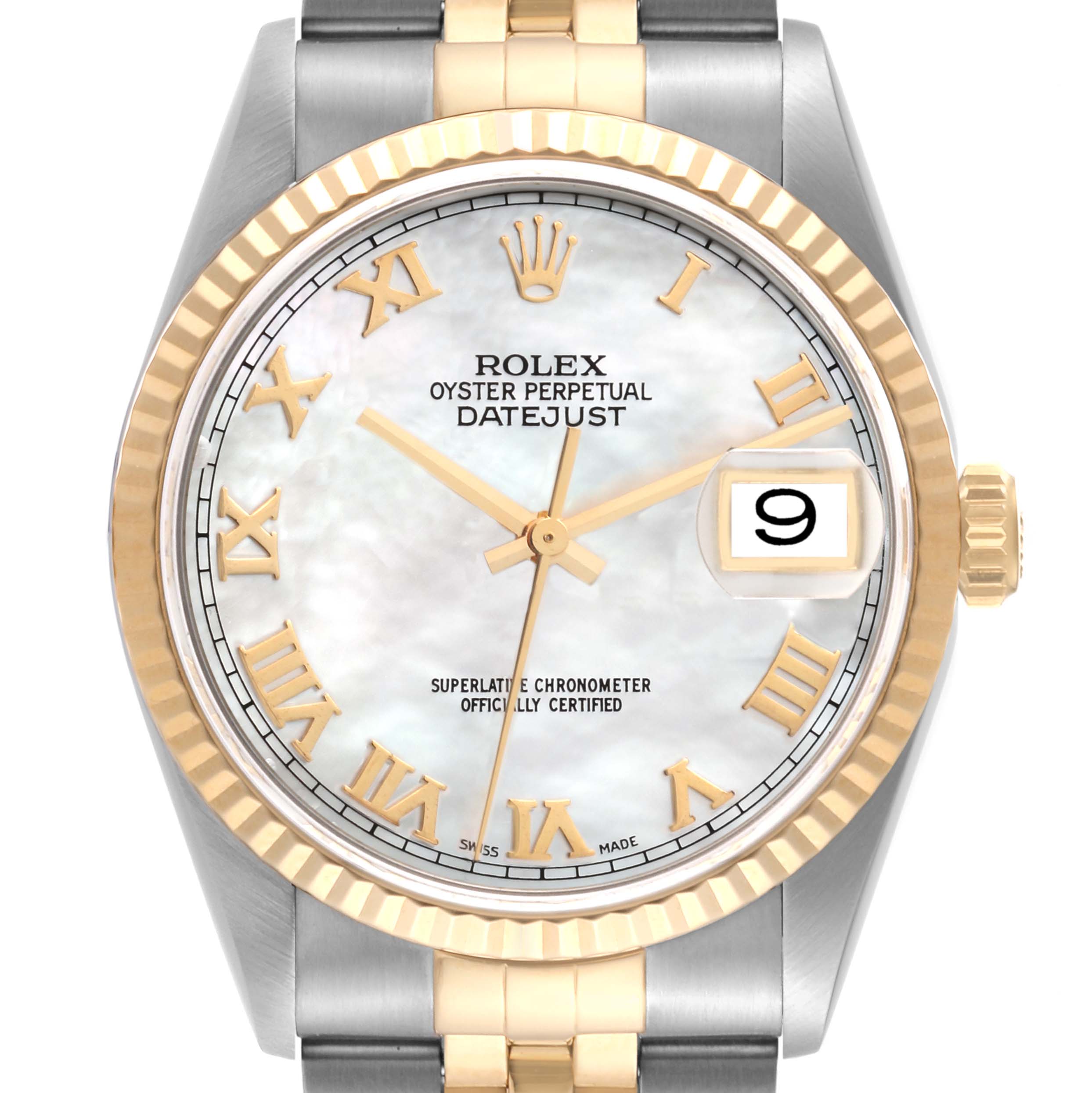 This image shows the front view of a Rolex Datejust 16233 Men's Steel and Gold (two tone) Mother of Pearl Dial 16233 Men's Steel and Gold (two tone) Mother of Pearl Dial watch, highlighting the dial, hands, date window, bezel, and part of the bracelet.