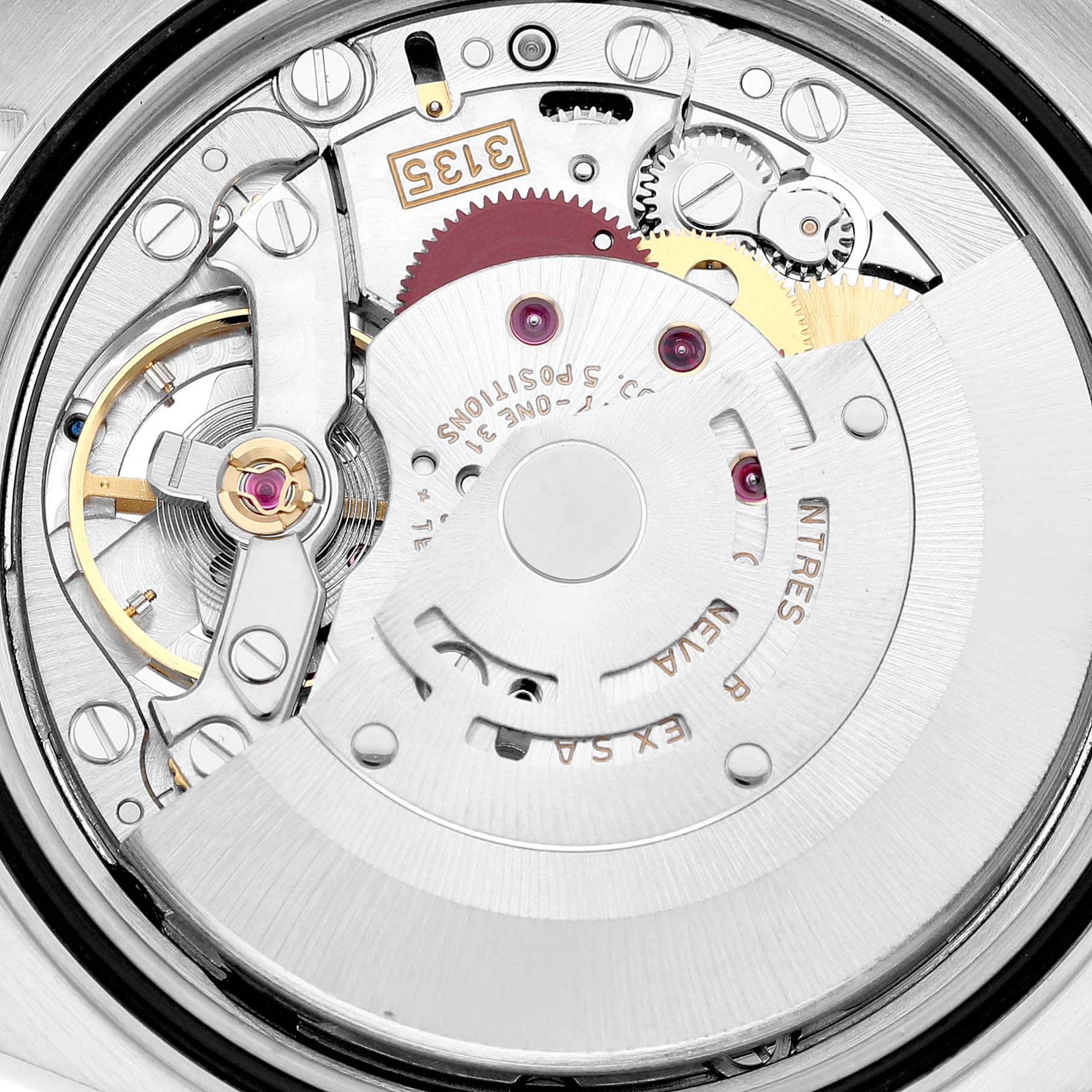 This is a close-up view of the movement mechanism inside a Rolex Datejust 16233 Men's Steel and Gold (two tone) Mother of Pearl Dial 16233 Men's Steel and Gold (two tone) Mother of Pearl Dial watch, showing gears and components.