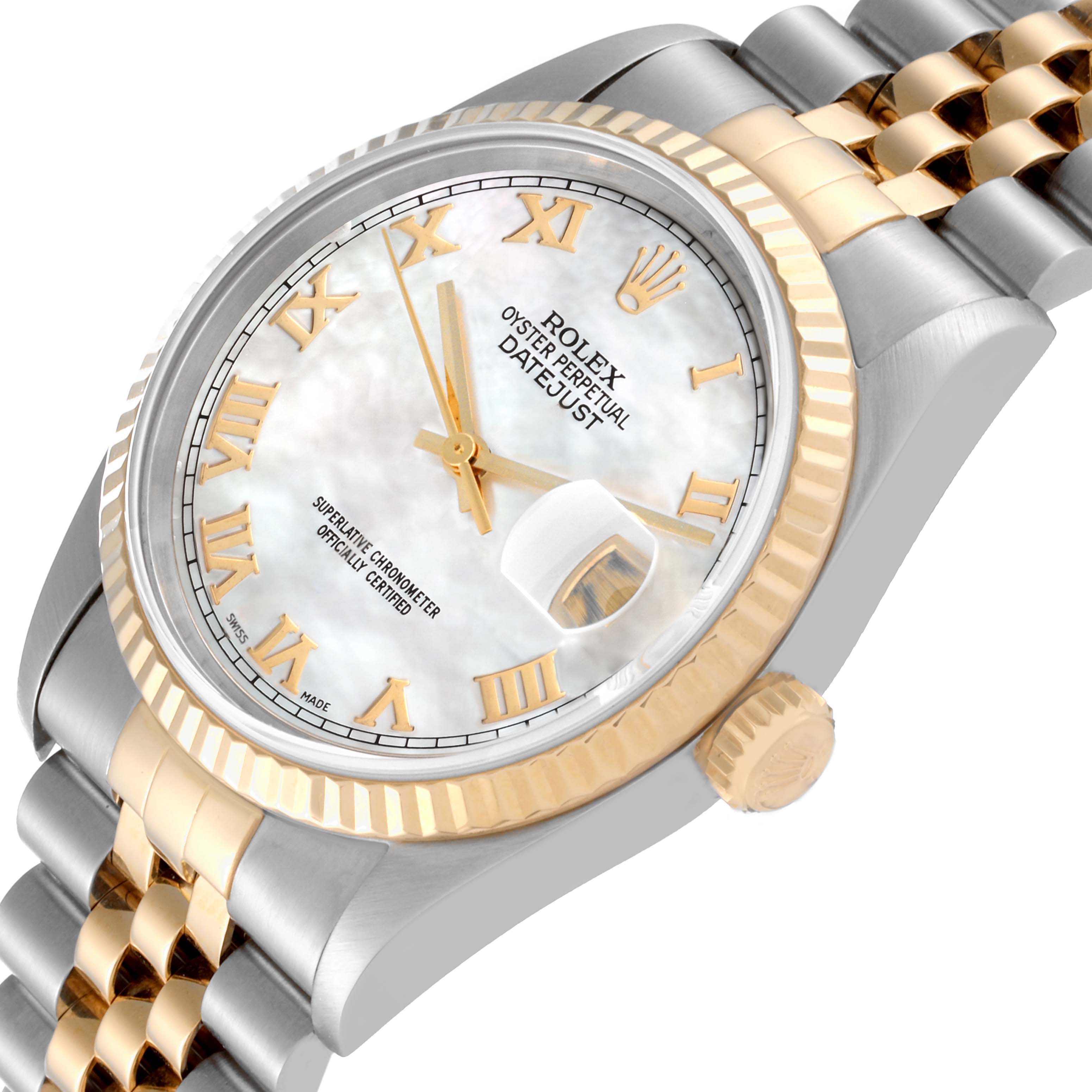 The Rolex Datejust 16233 Men's Steel and Gold (two tone) Mother of Pearl Dial 16233 Men's Steel and Gold (two tone) Mother of Pearl Dial model is shown at a slight angle, featuring the bezel, dial, crown, and part of the bracelet.