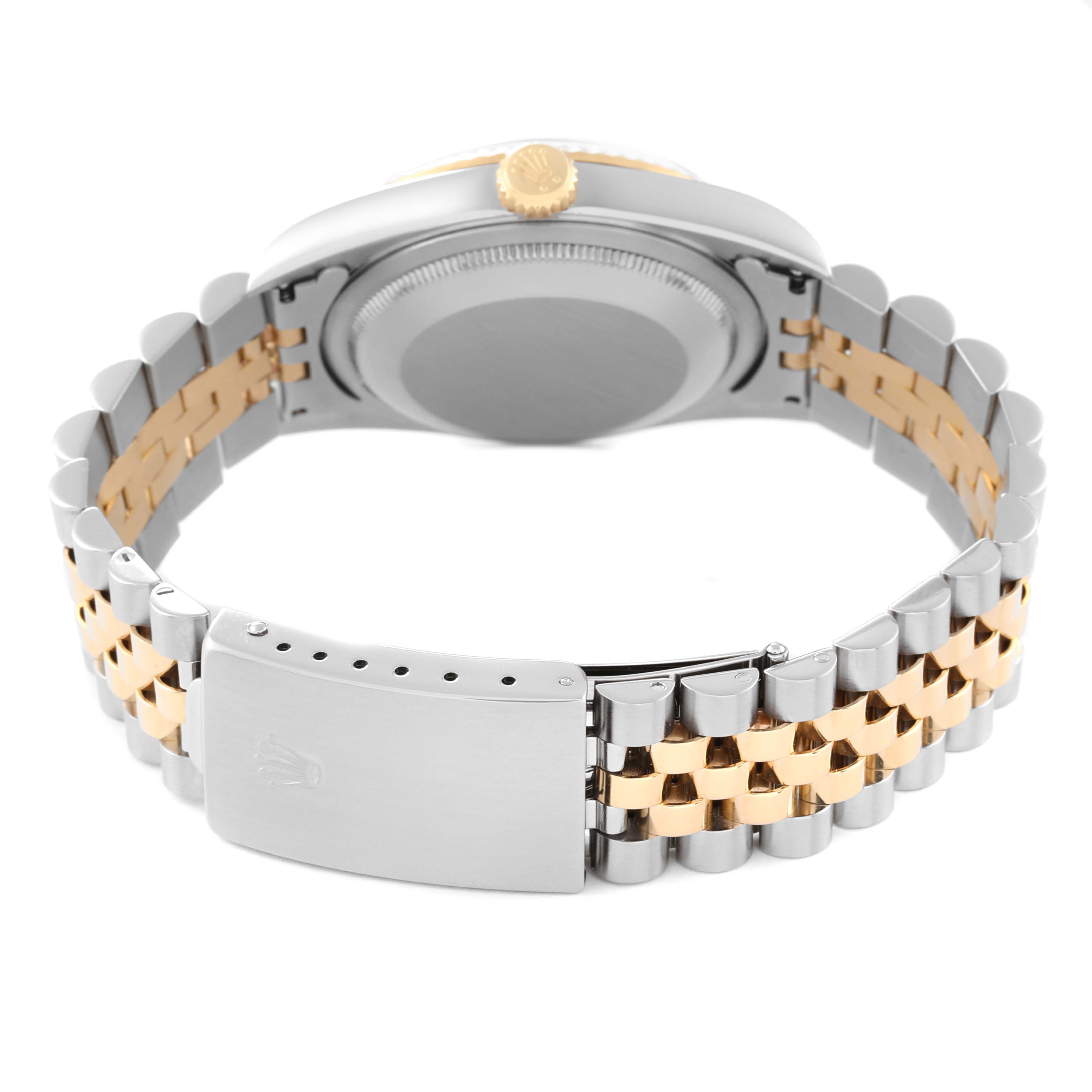 This image shows the case back, crown, and Jubilee bracelet of a Rolex Datejust 16233 Men's Steel and Gold (two tone) Mother of Pearl Dial 16233 Men's Steel and Gold (two tone) Mother of Pearl Dial watch.