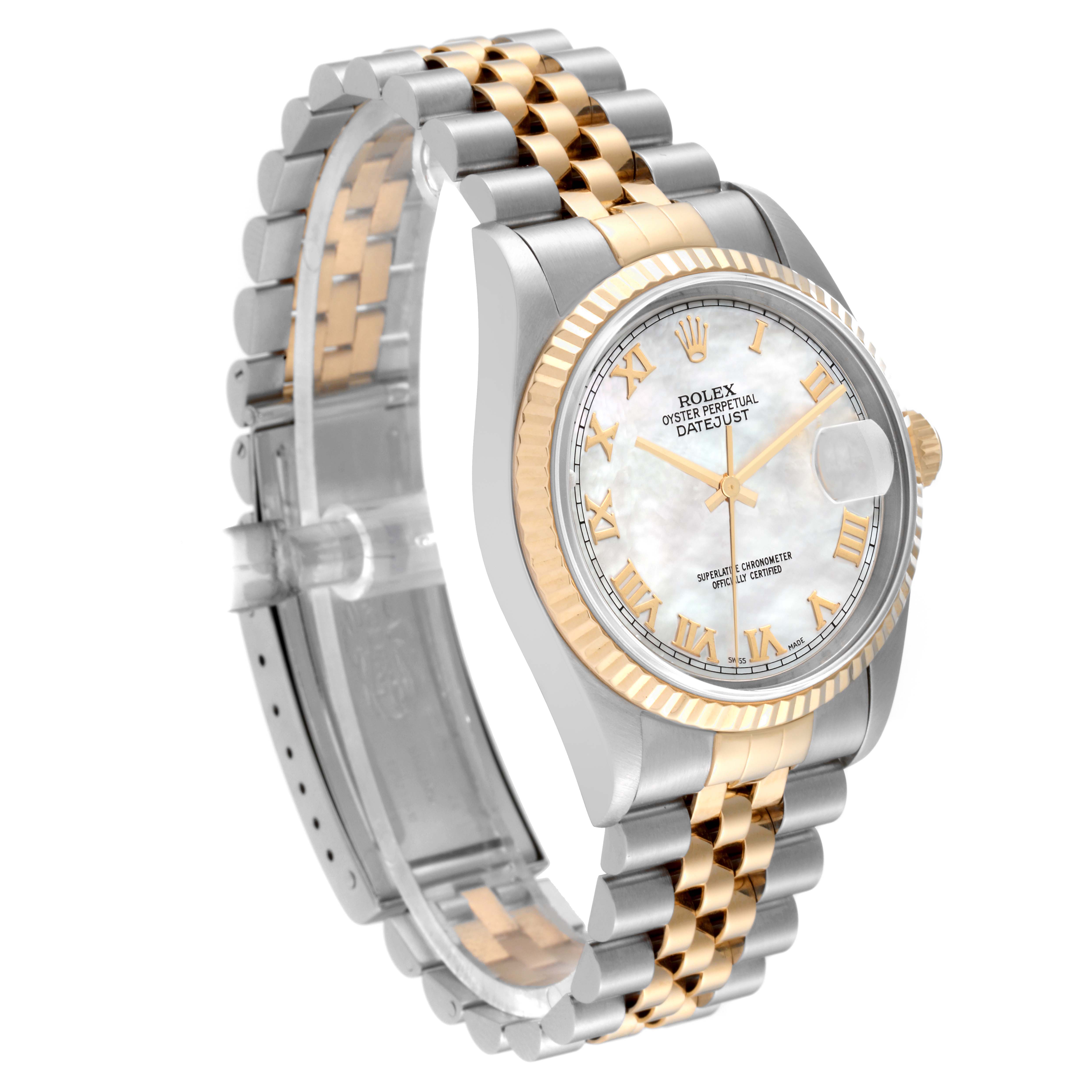 The image shows a side-angle view of a Rolex Datejust 16233 Men's Steel and Gold (two tone) Mother of Pearl Dial 16233 Men's Steel and Gold (two tone) Mother of Pearl Dial watch, displaying its two-tone bracelet, fluted bezel, and dial with Roman numerals.